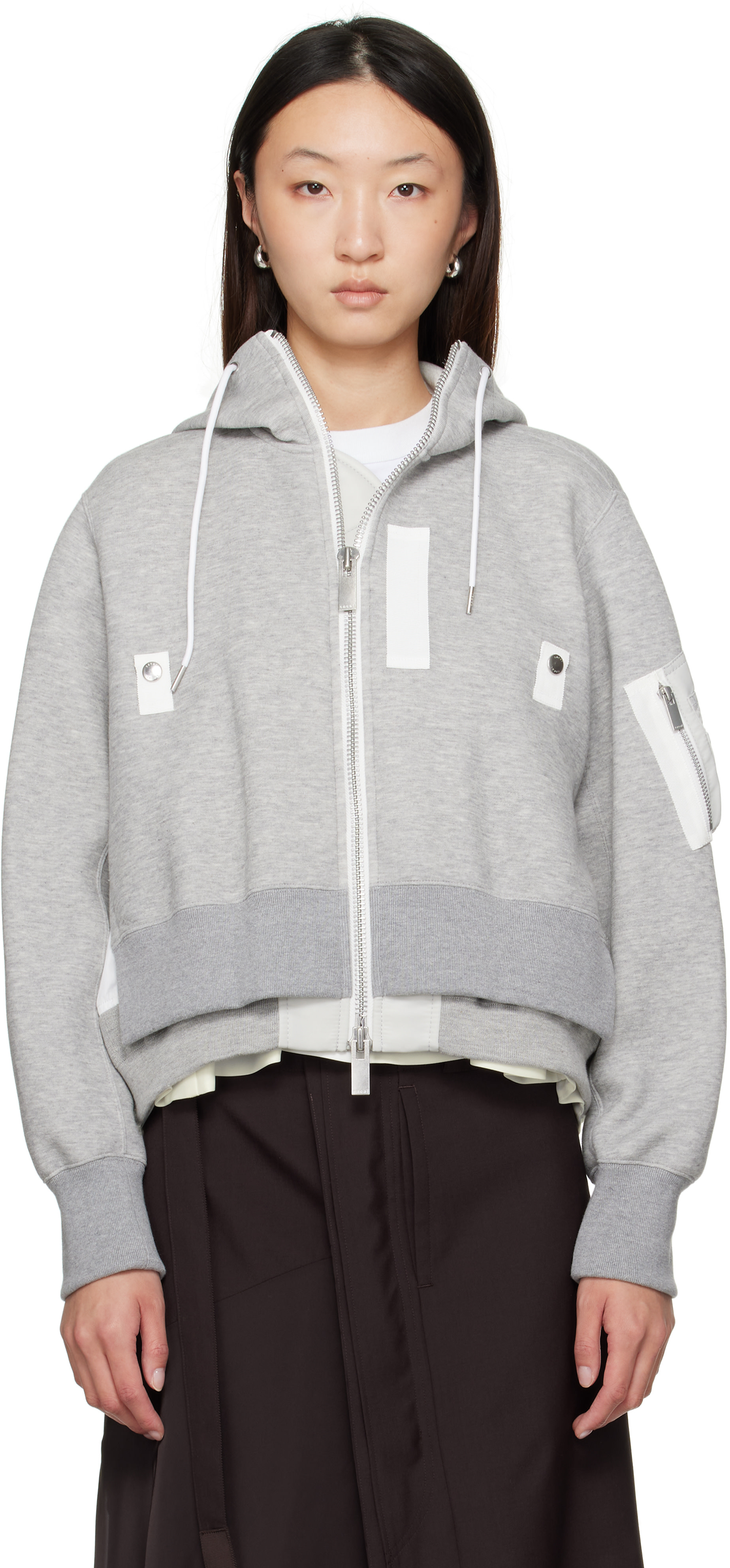 sacai: Gray Sponge Sweat x Nylon Twill Hoodie | SSENSE