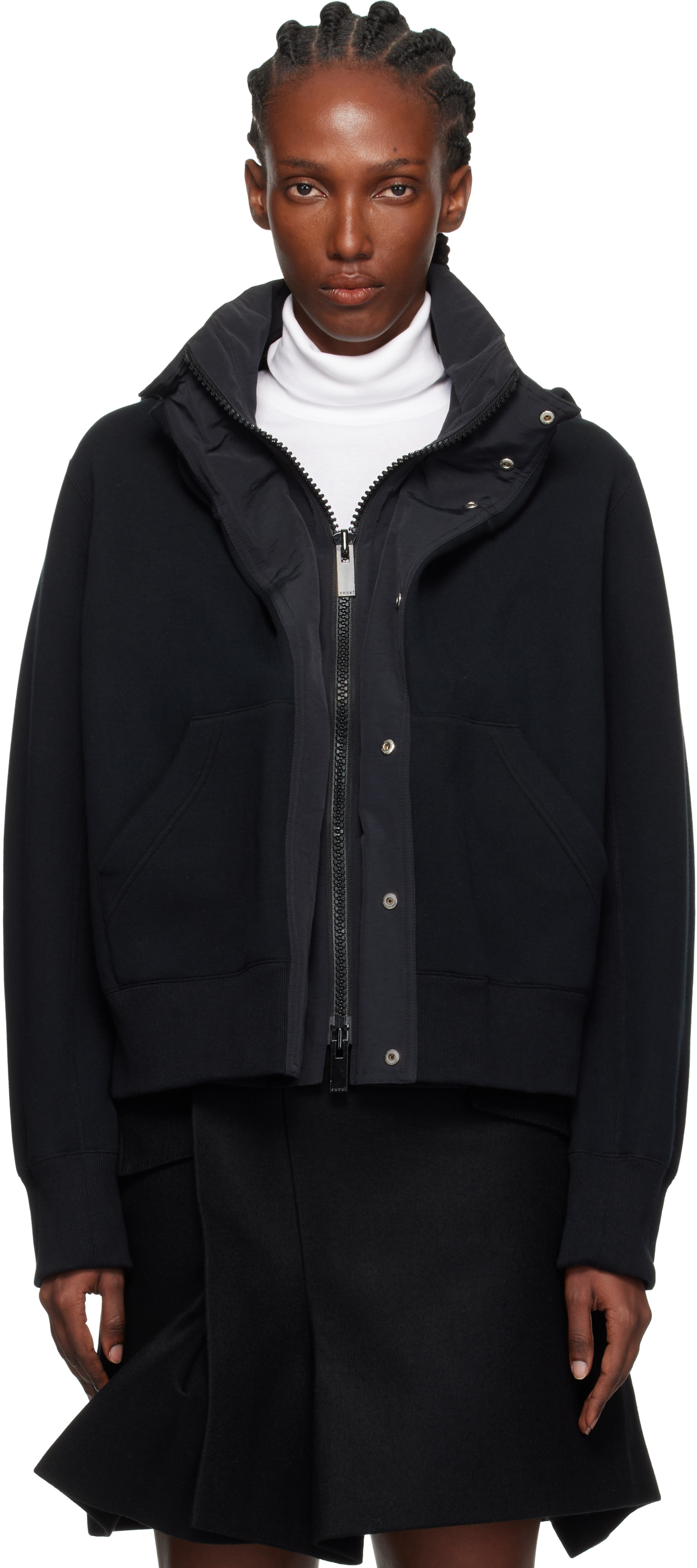 sacai: Black Sponge Sweat x Grosgrain Hoodie | SSENSE sacai: Black Sponge Sweat x Grosgrain Hoodie | SSENSE