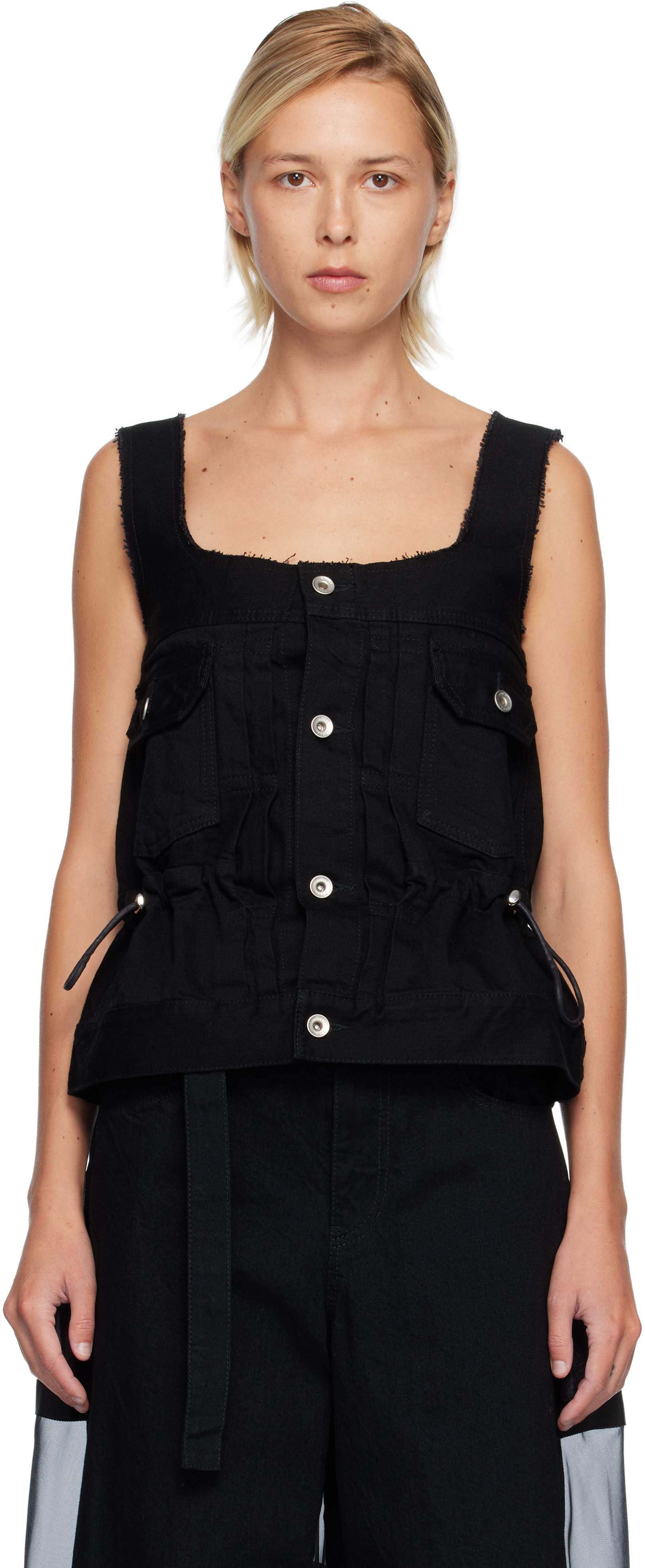 sacai ノースリーブ タンクトップ size 1 sacai: Black Square Neck Denim Tank Top | SSENSE