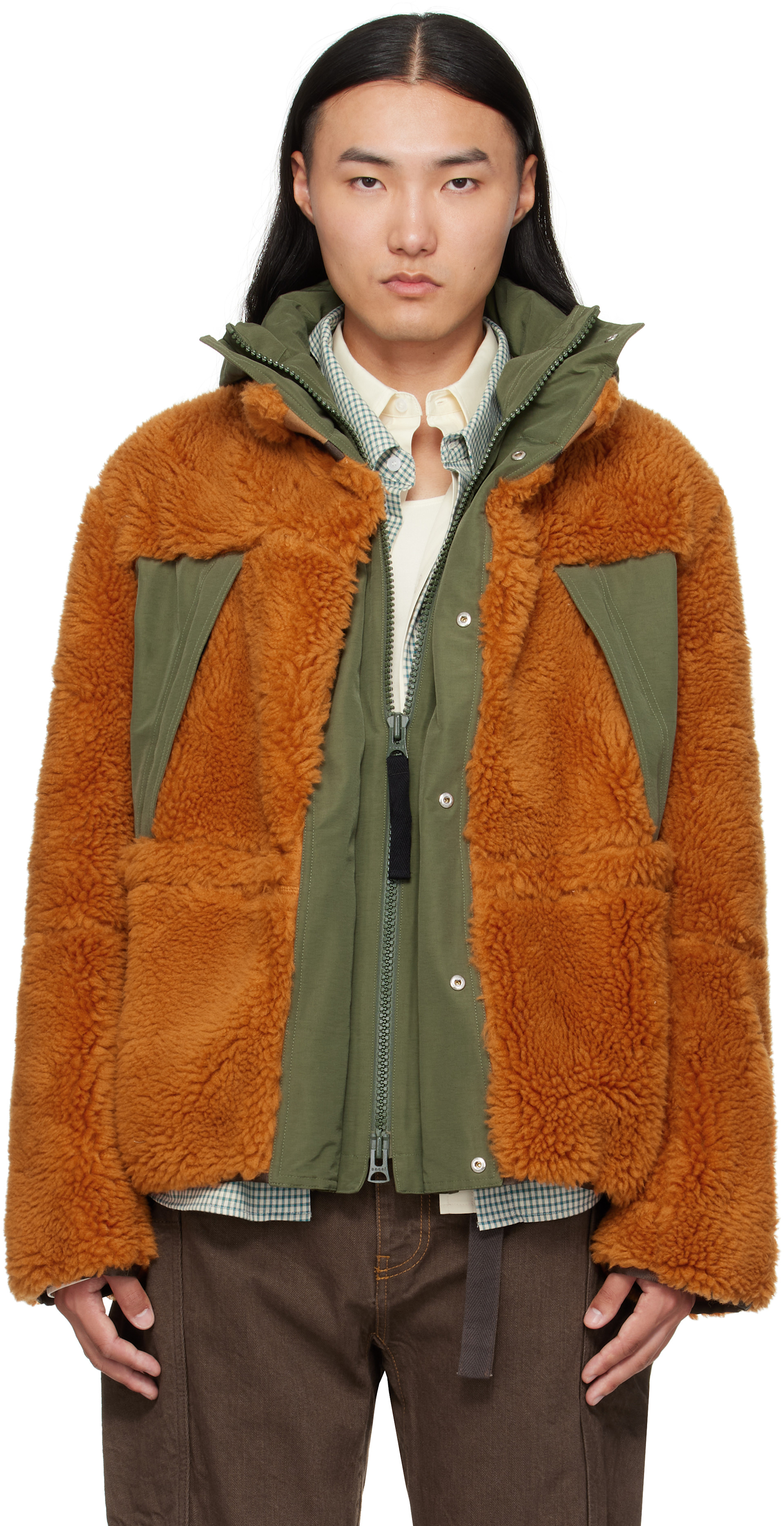 sacai: オレンジ＆カーキ フリース＆グログラン ジャケット | SSENSE 日本