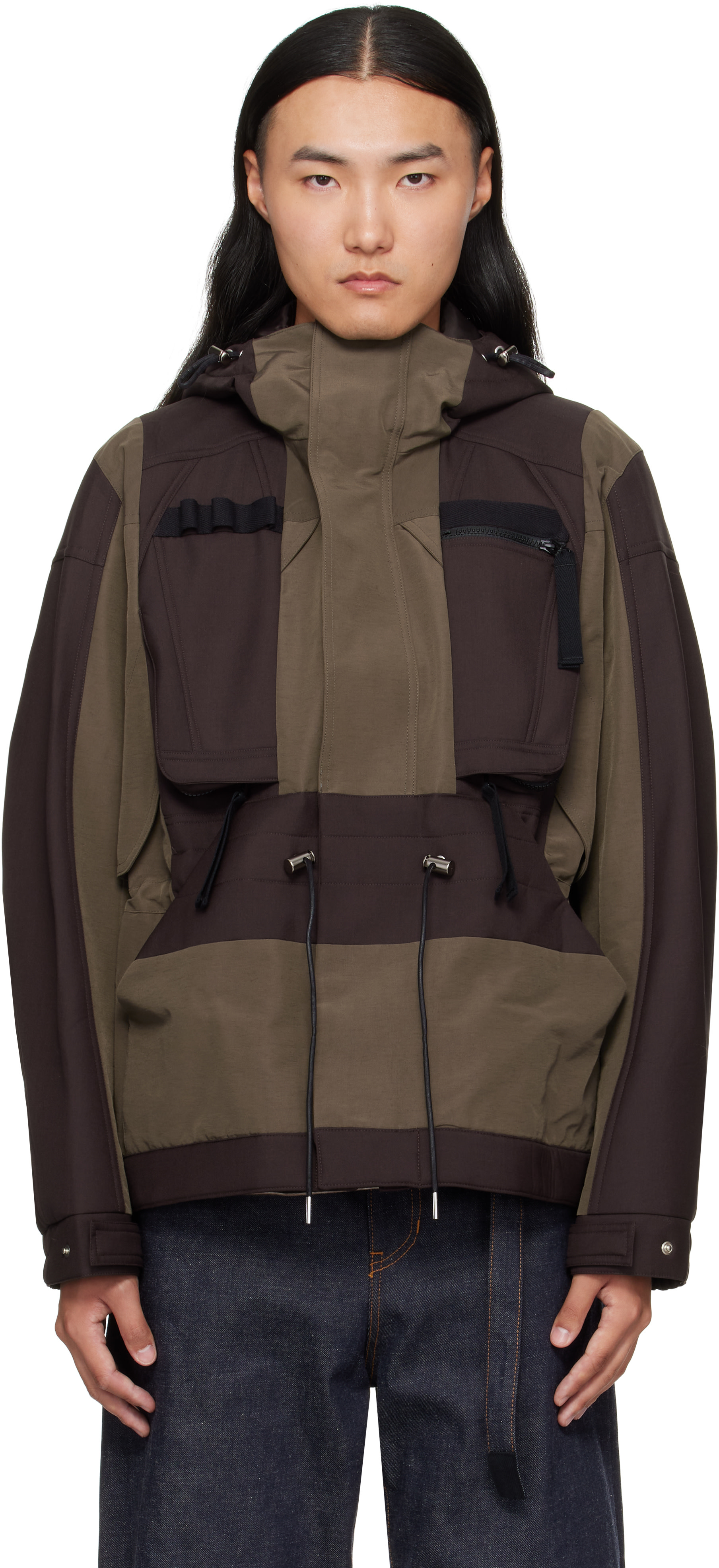 sacai: ブラウン＆カーキ Suiting Bonding Grosgrain ジャケット