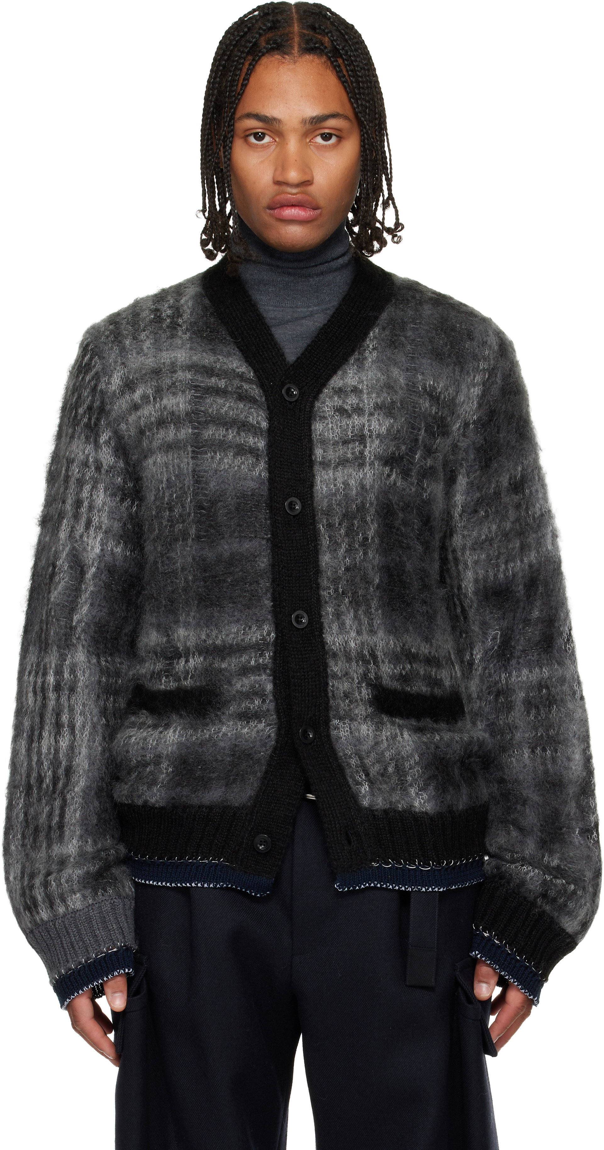 sacai カーディガン sacai: Gray Plaid Mohair Knit Cardigan | SSENSE