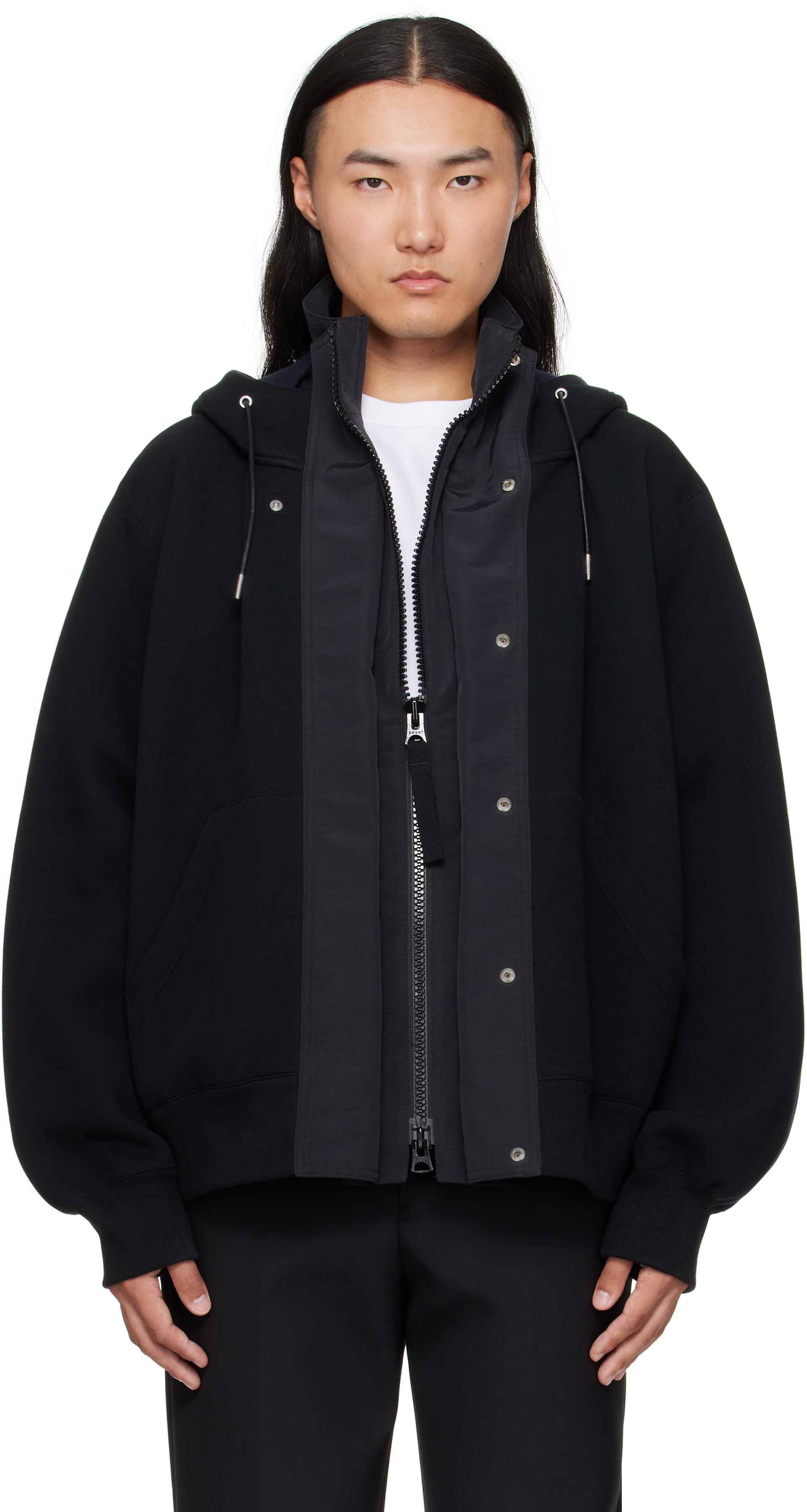 sacai: Black Sponge Sweat & Grosgrain Hoodie | SSENSE