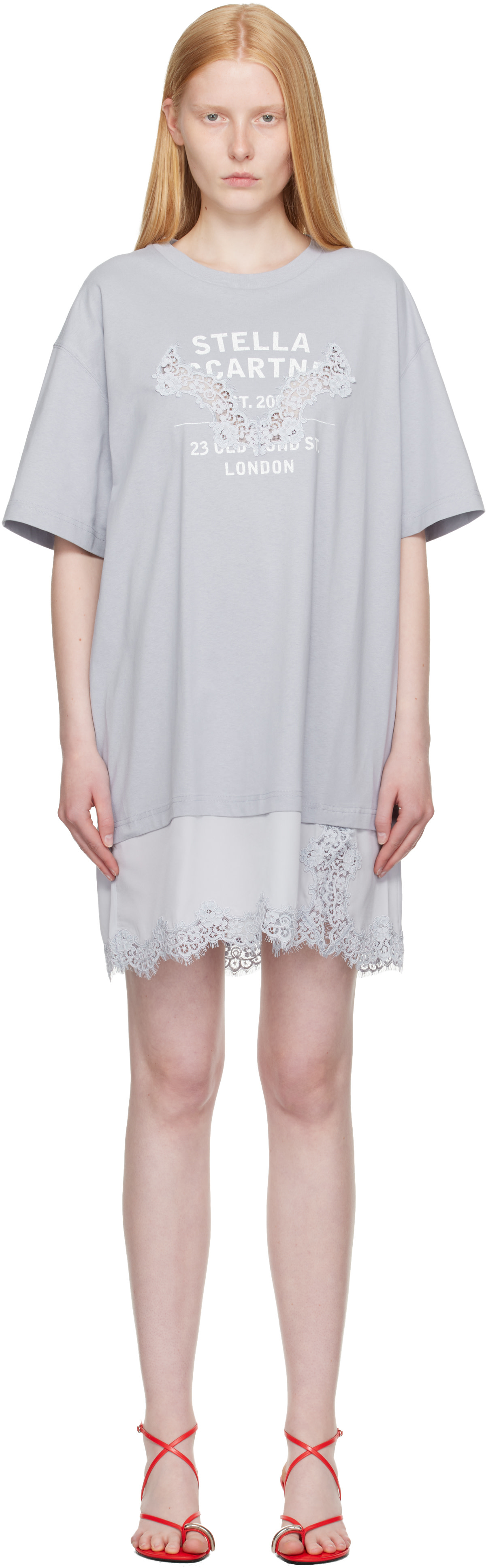 Stella McCartney: Blue Lace-Insert Graphic T-shirt Minidress | SSENSE