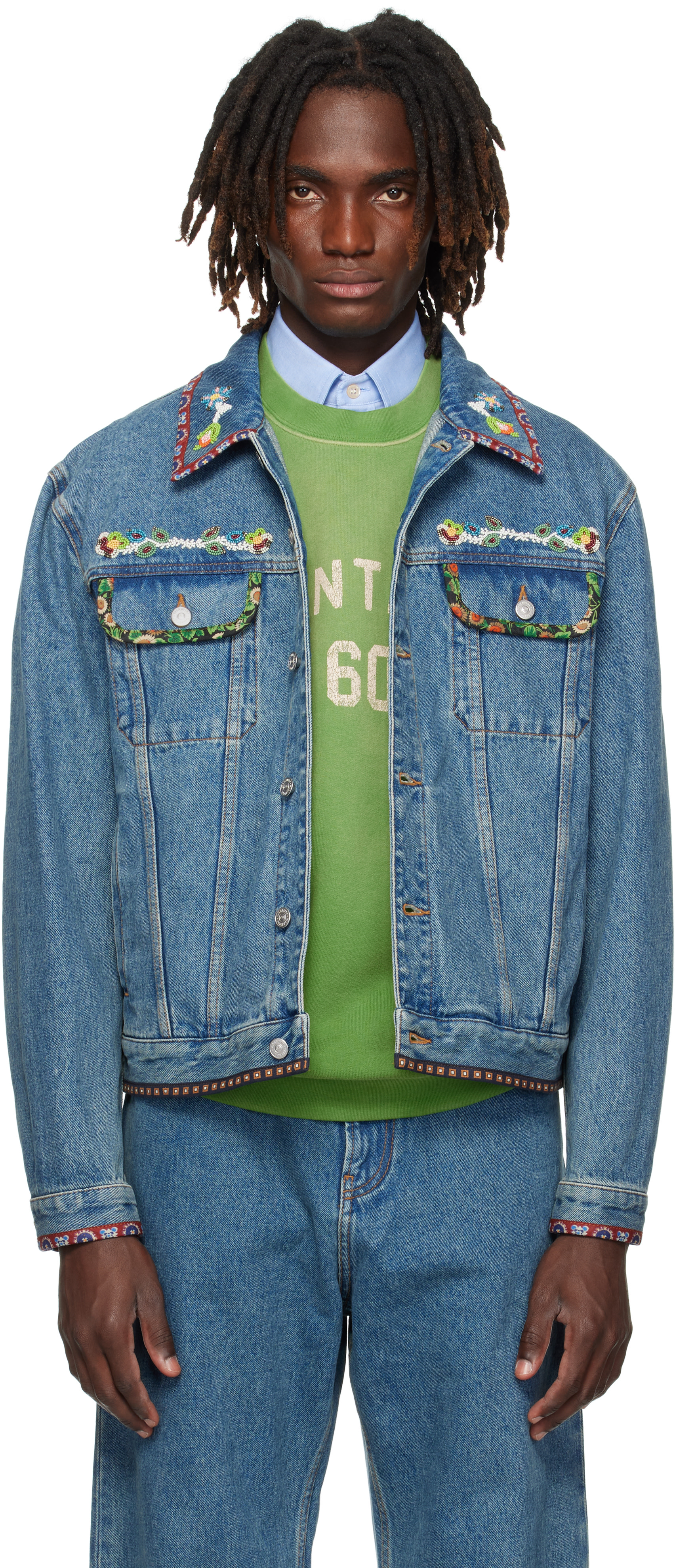 【完売品】ヌキテパSequins Embroidery Denim Jacket Valentino: Blue Beaded Embroidery & Printed Edges Denim Jacket