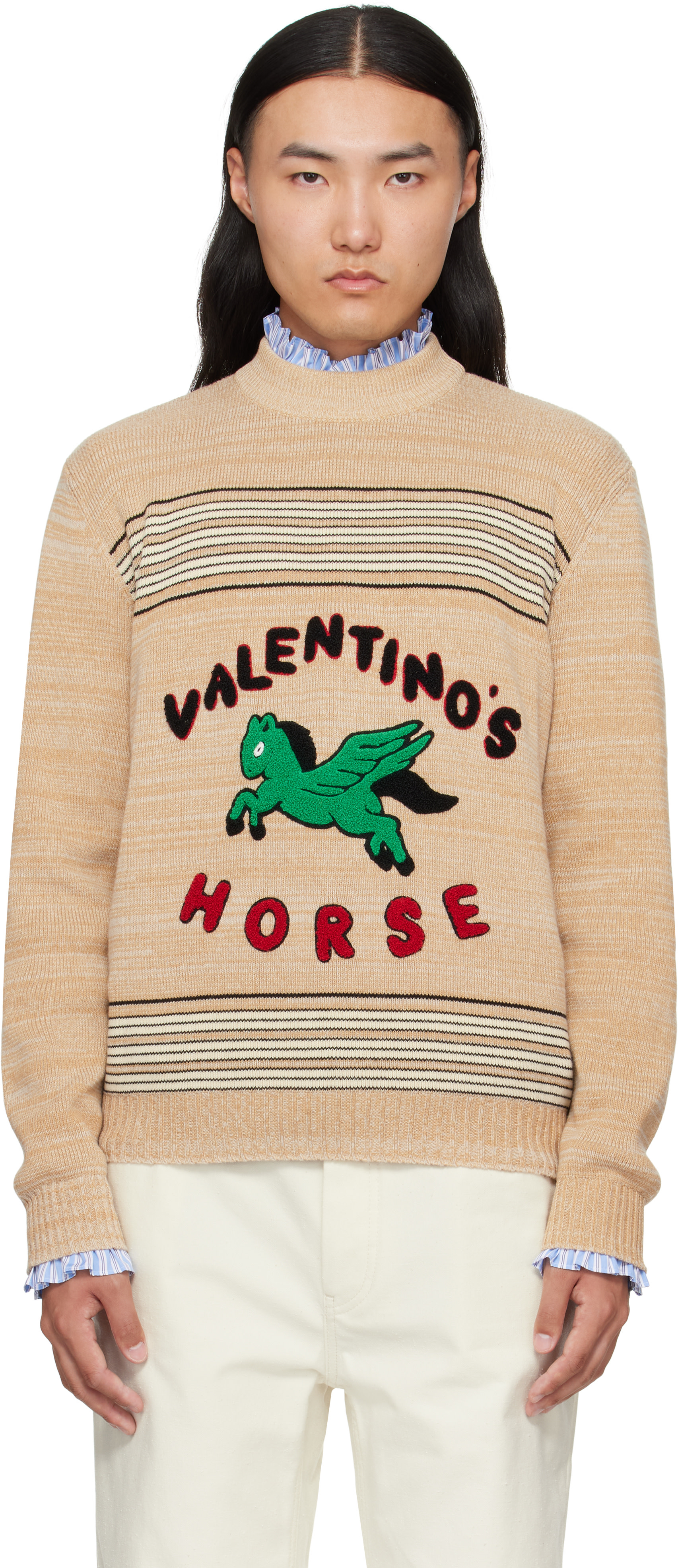 VALENTINO - VALENTINO ボーダーカフス お袖ロゴ リブニット Valentino: Beige 'Valentino's Horse' Sweater | SSENSE