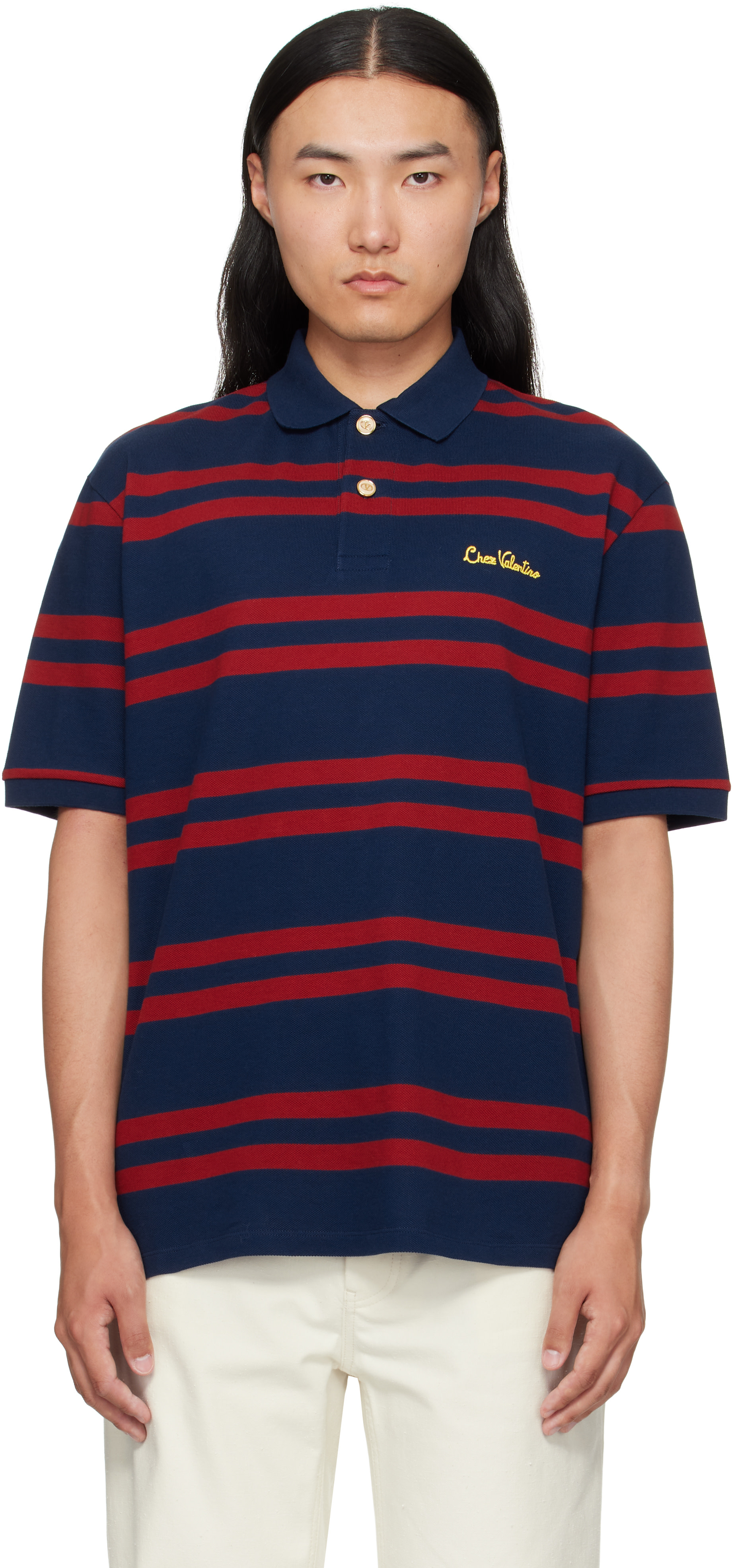 Red & Navy 'Chez Valentino' Embroidery Cotton Piqué Polo by