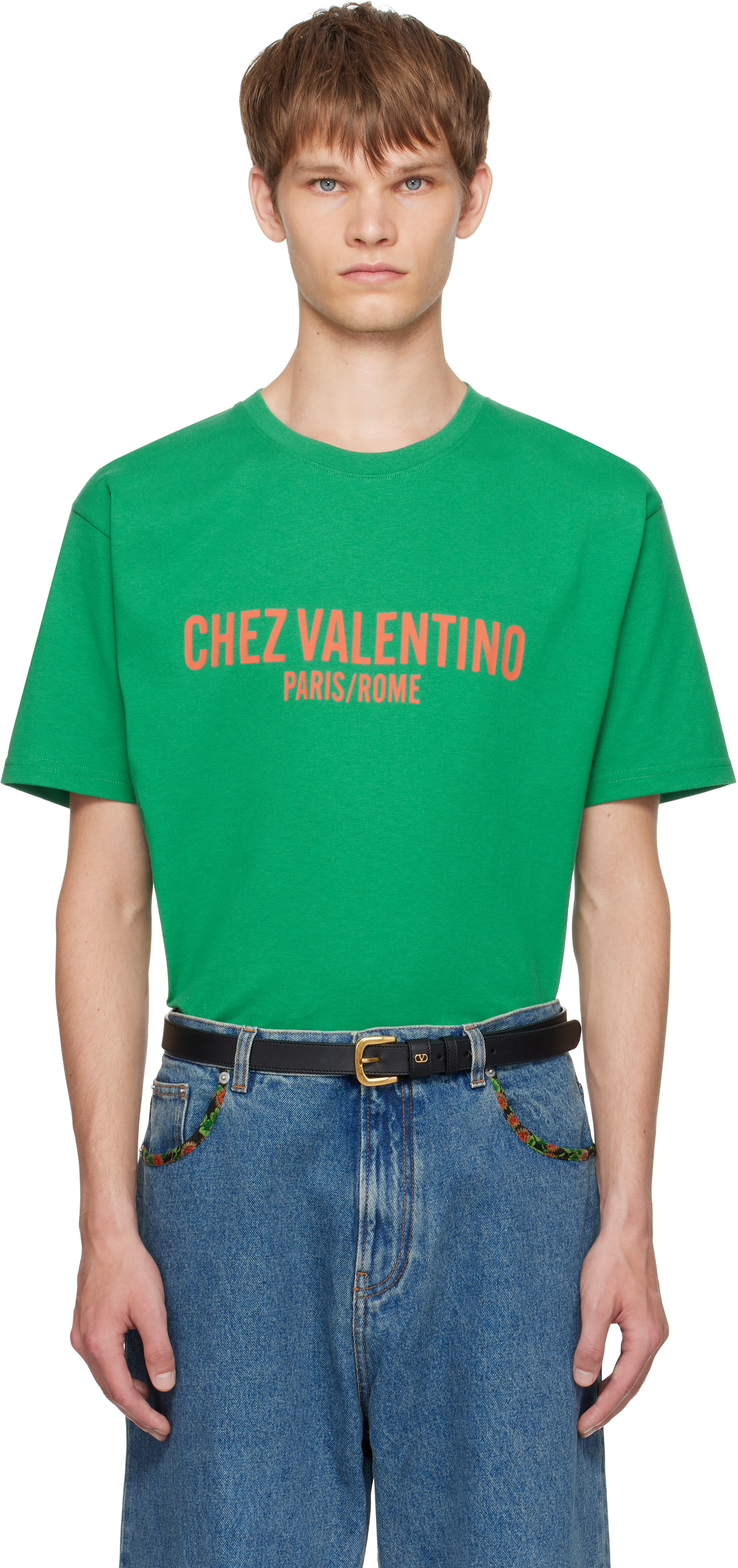 Valentino: Green 'Chez Valentino' Print T-shirt | SSENSE