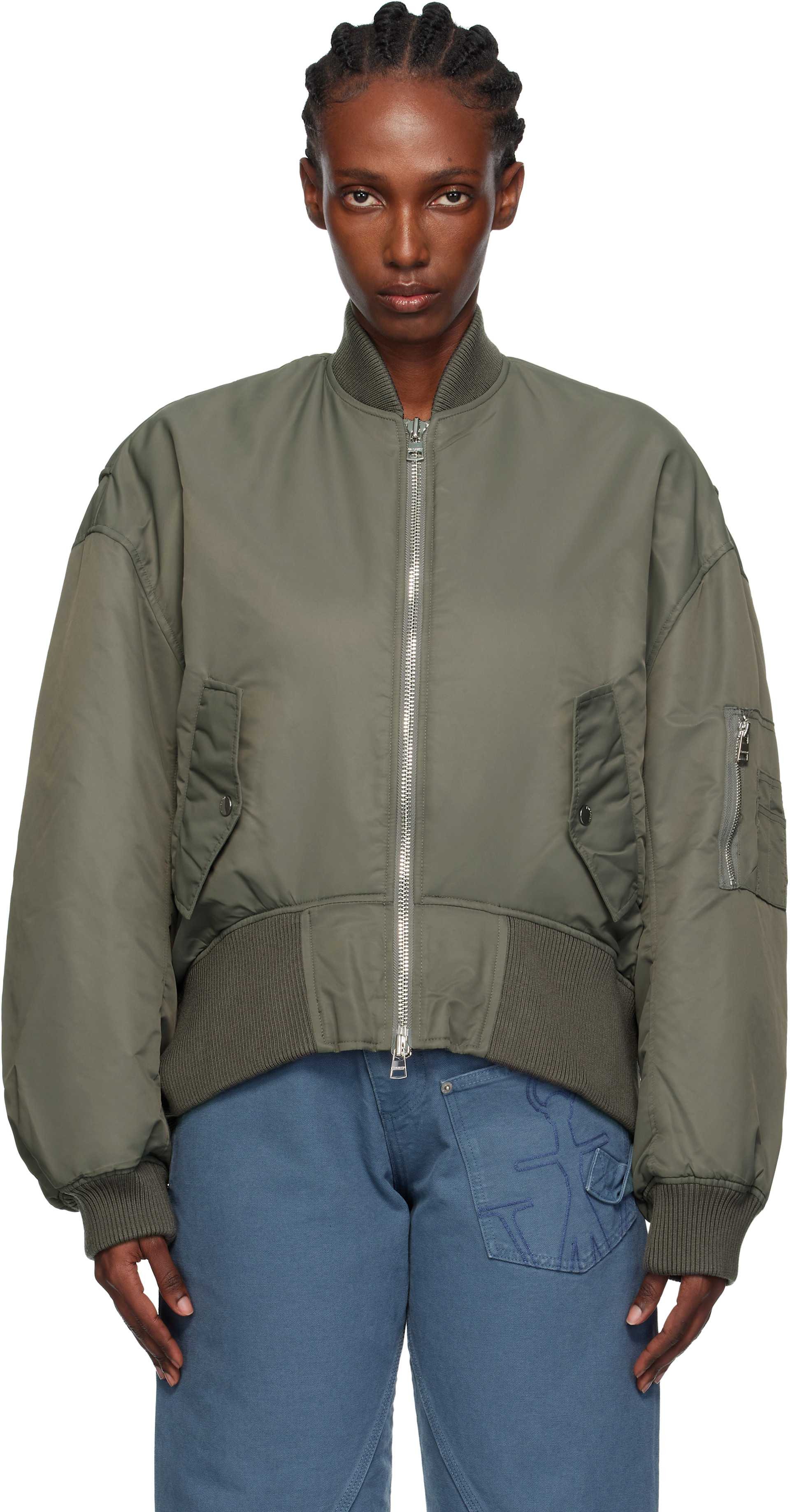新品 17万 JW ANDERSON ボンバージャケット バーシティ スタジャン JW Anderson: グレー オーバーサイズ カーブドヘム ボンバージャケット