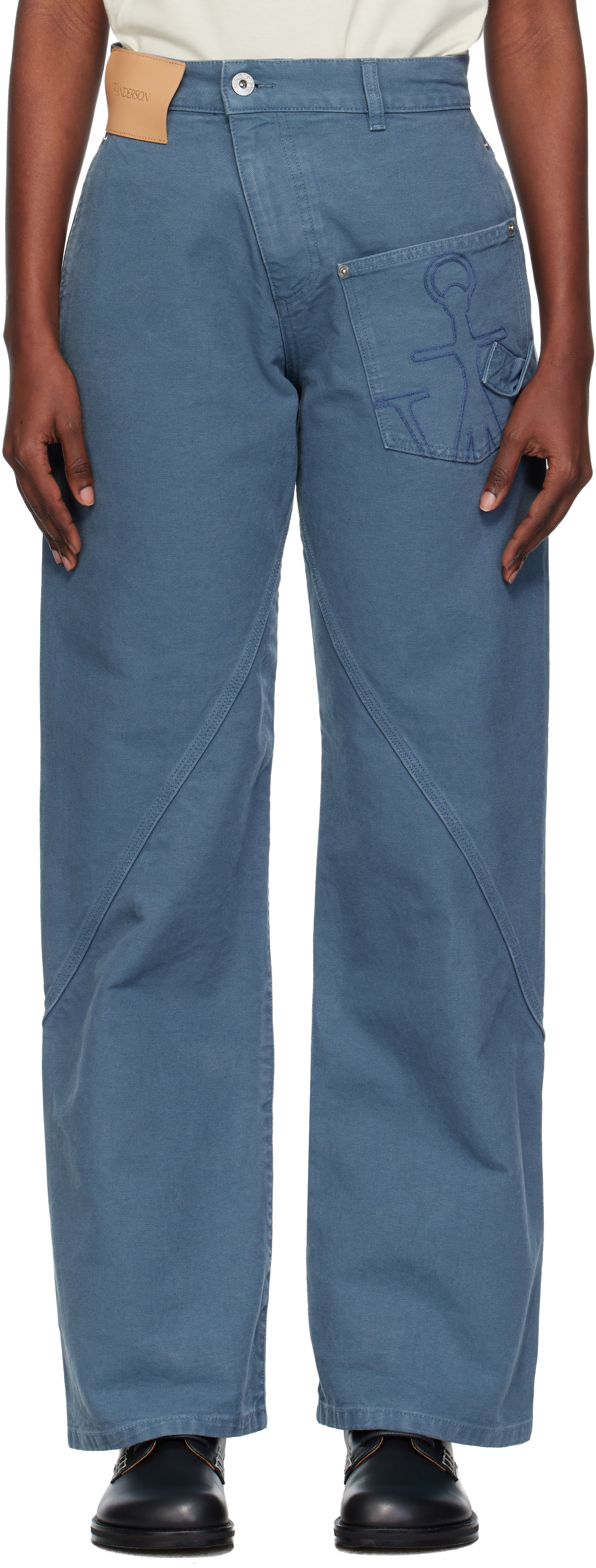 JW Anderson: Blue Twisted Workwear Trousers | SSENSE