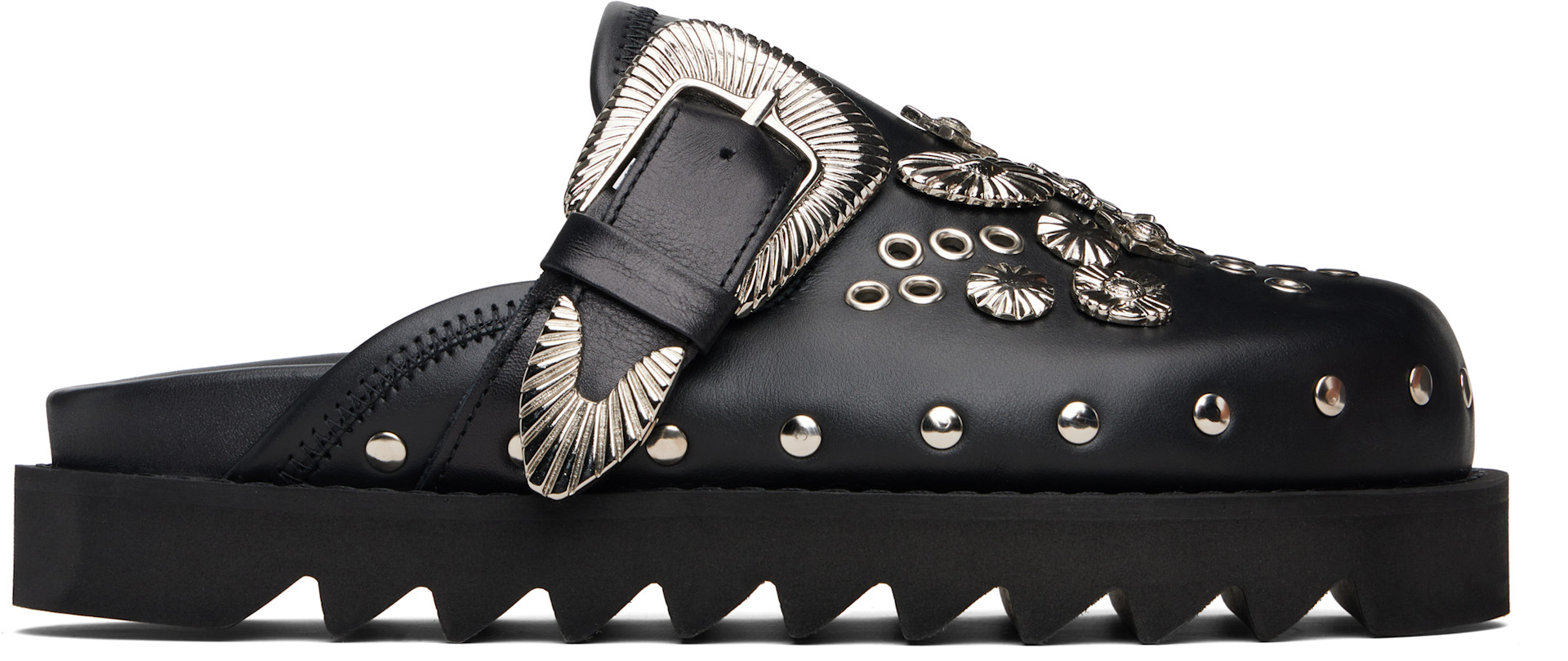 Toga Pulla: Black Eyelet Metal Sabot Loafers | SSENSE