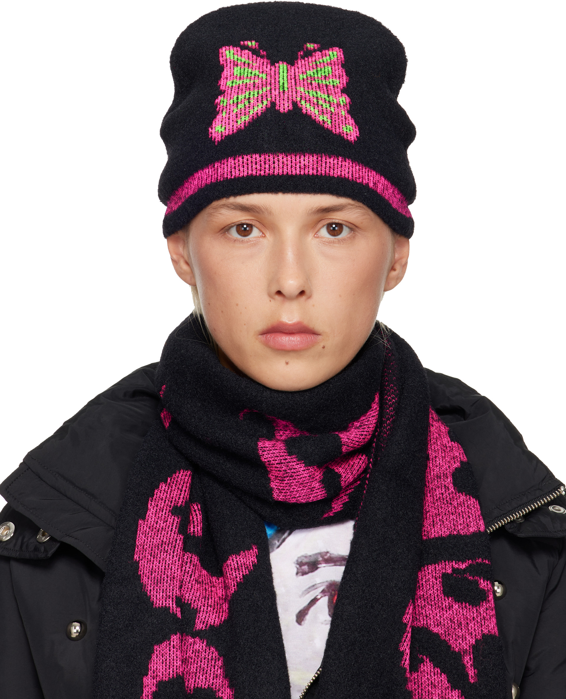 chopova lowenaニット帽 Chopova Lowena: Black & Pink Cyber Butterfly Beanie | SSENSE