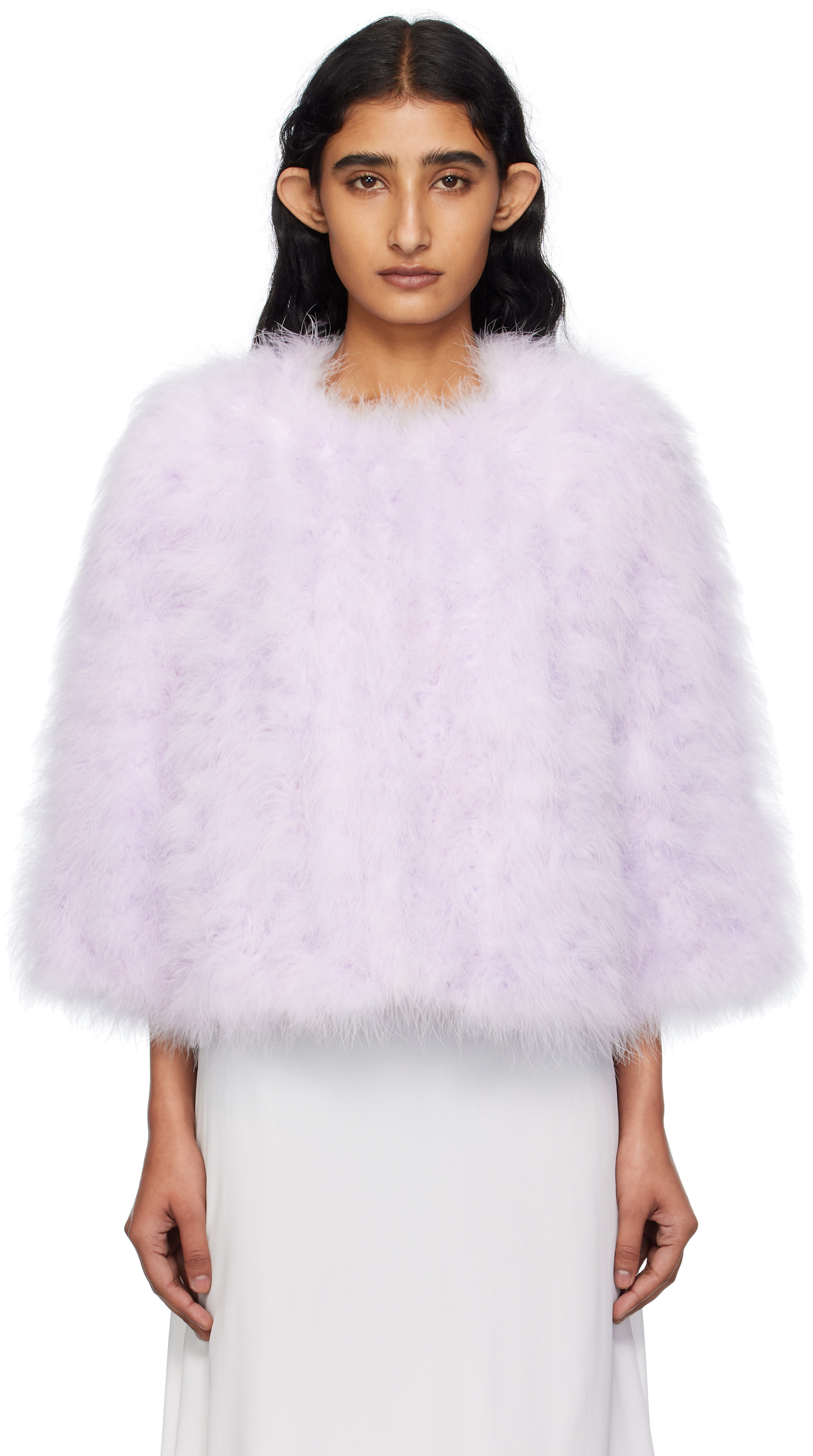 【あんみつかんてん】deres feather short coat Yves Salomon: Pink Short Feather Jacket | SSENSE