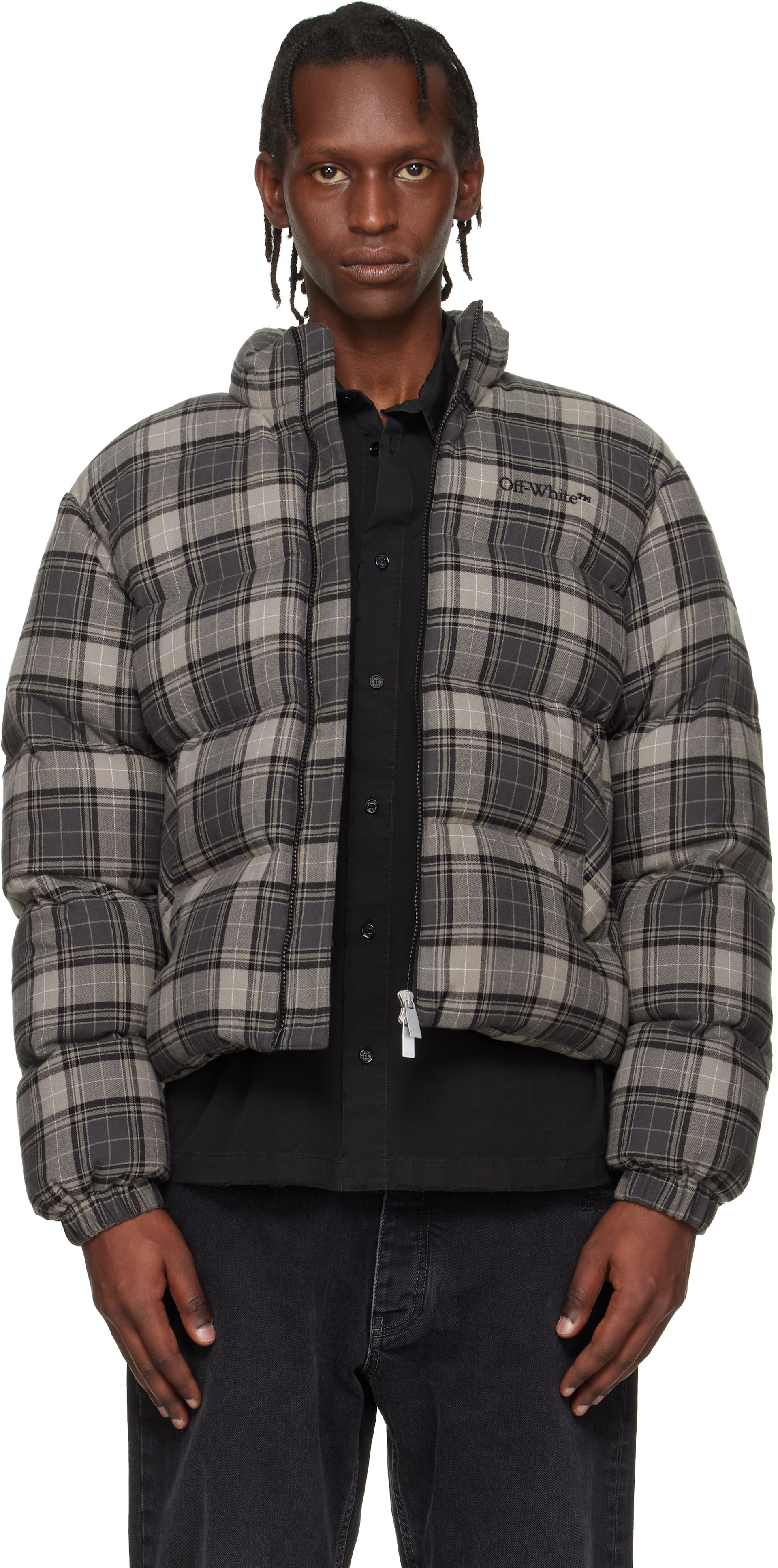 Off-White: Gray Spray Arrow Check Flannel Down Jacket | SSENSE