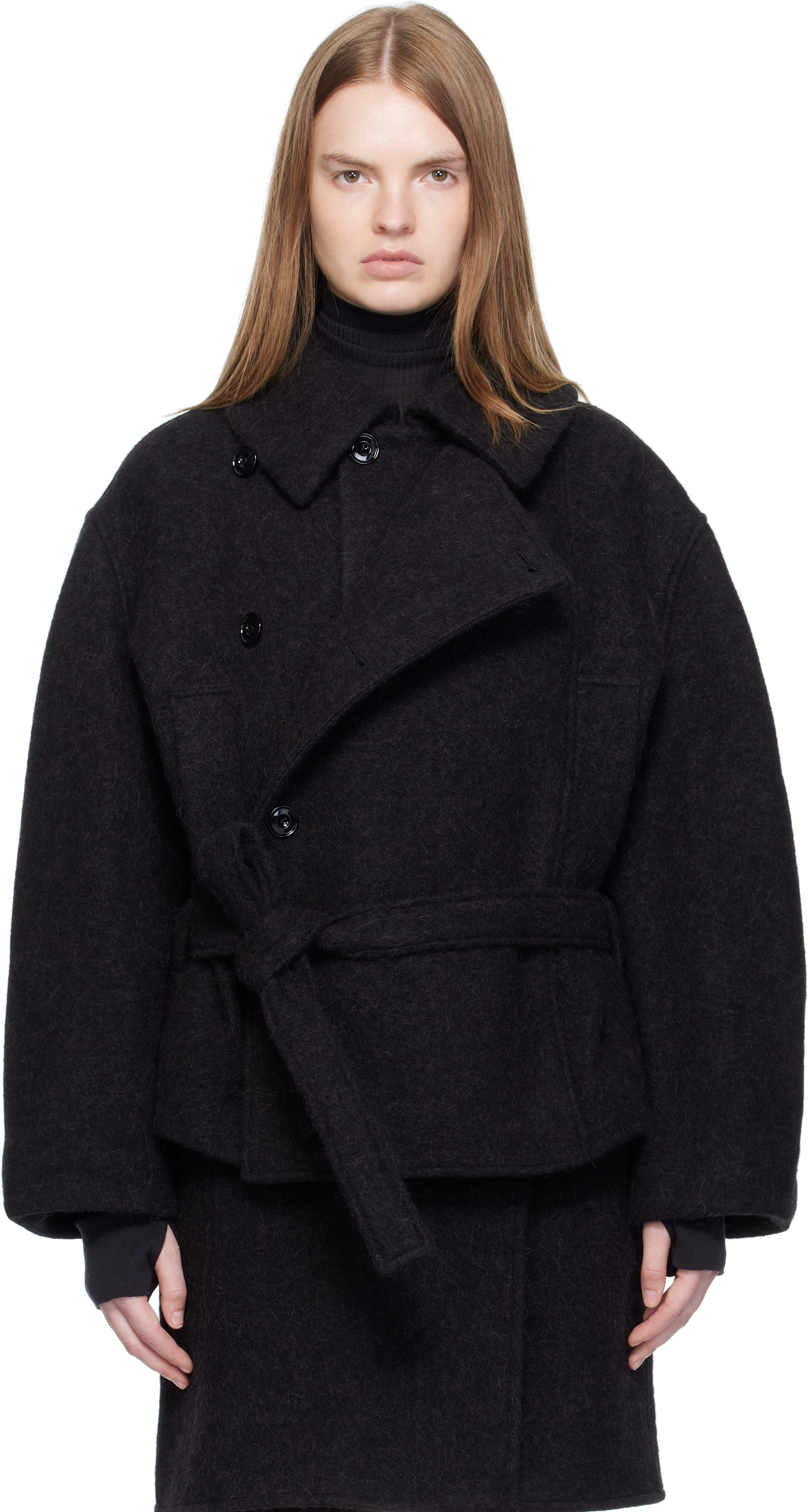 ジャケット・アウター LEMAIRE ASYMMETRICAL BATHROBE COAT LEMAIRE: Black Short Asymmetrical Bathrobe Coat | SSENSE