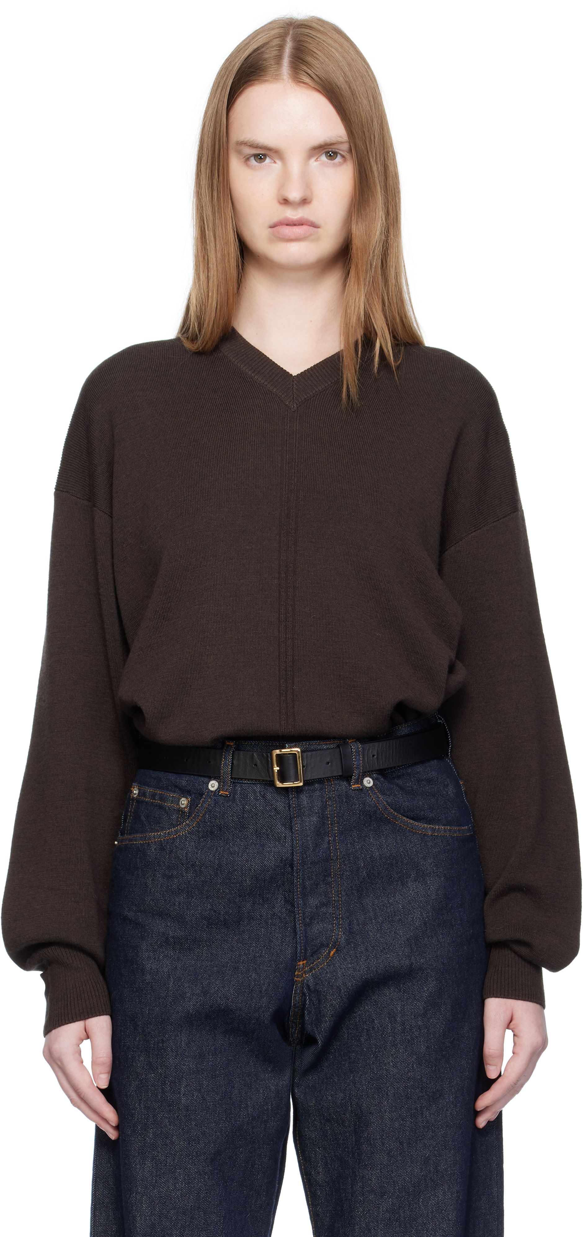 LEMAIRE: Brown V Neck Sweater | SSENSE