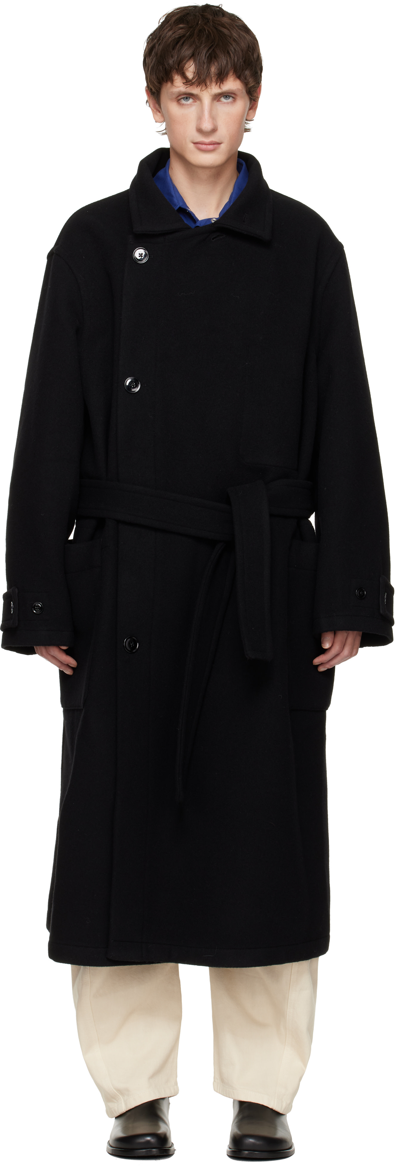 LEMAIRE: Black Wrap Coat | SSENSE United Kingdom