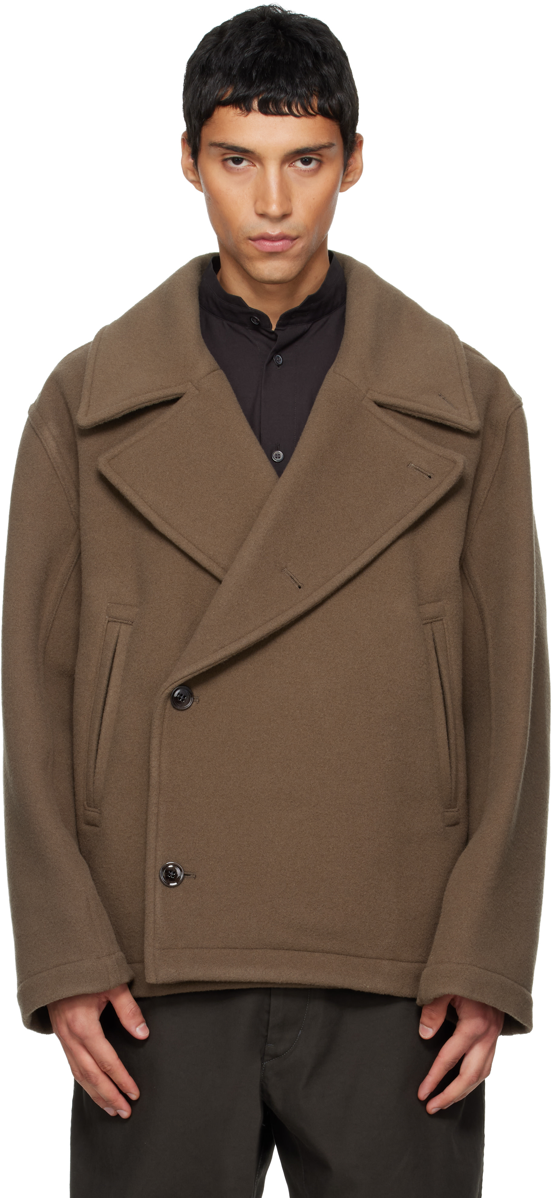 LEMAIRE: Brown Boxy Peacoat | SSENSE
