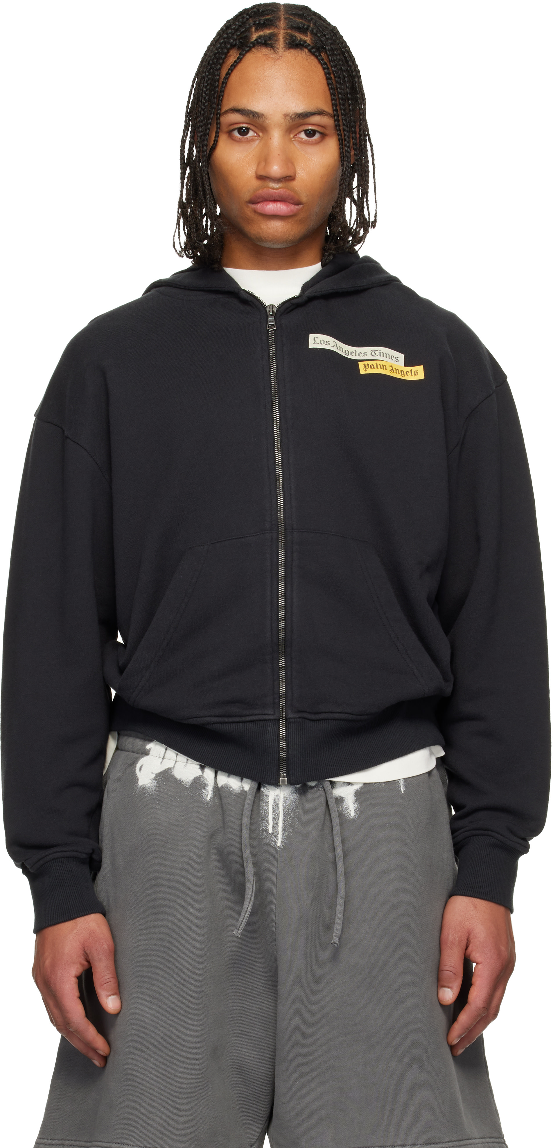 Palm Angels: Black LA Times Edition News Zip Hoodie | SSENSE