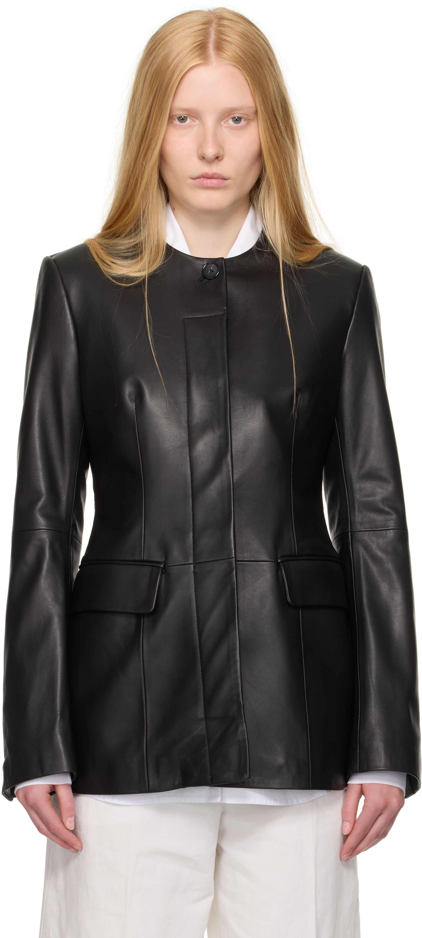トゥデイフル　Collarless Twill Jacket 38 TOTEME: Black Collarless Leather Jacket | SSENSE