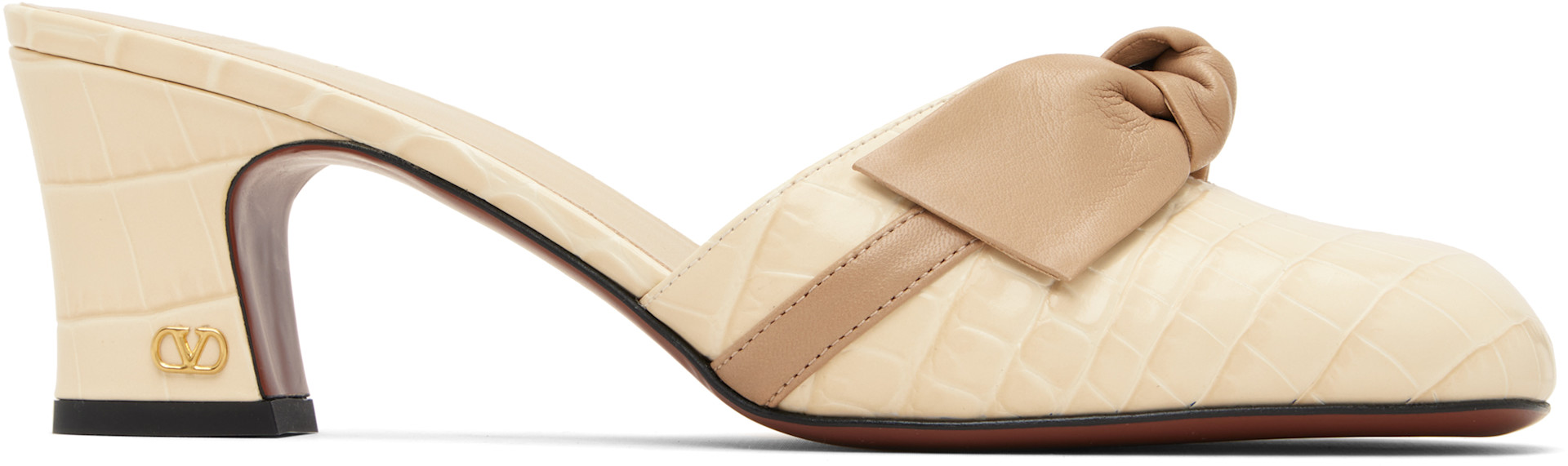 Beige Croc Embossed Leather Bow Mule Sandals by Valentino Garavani