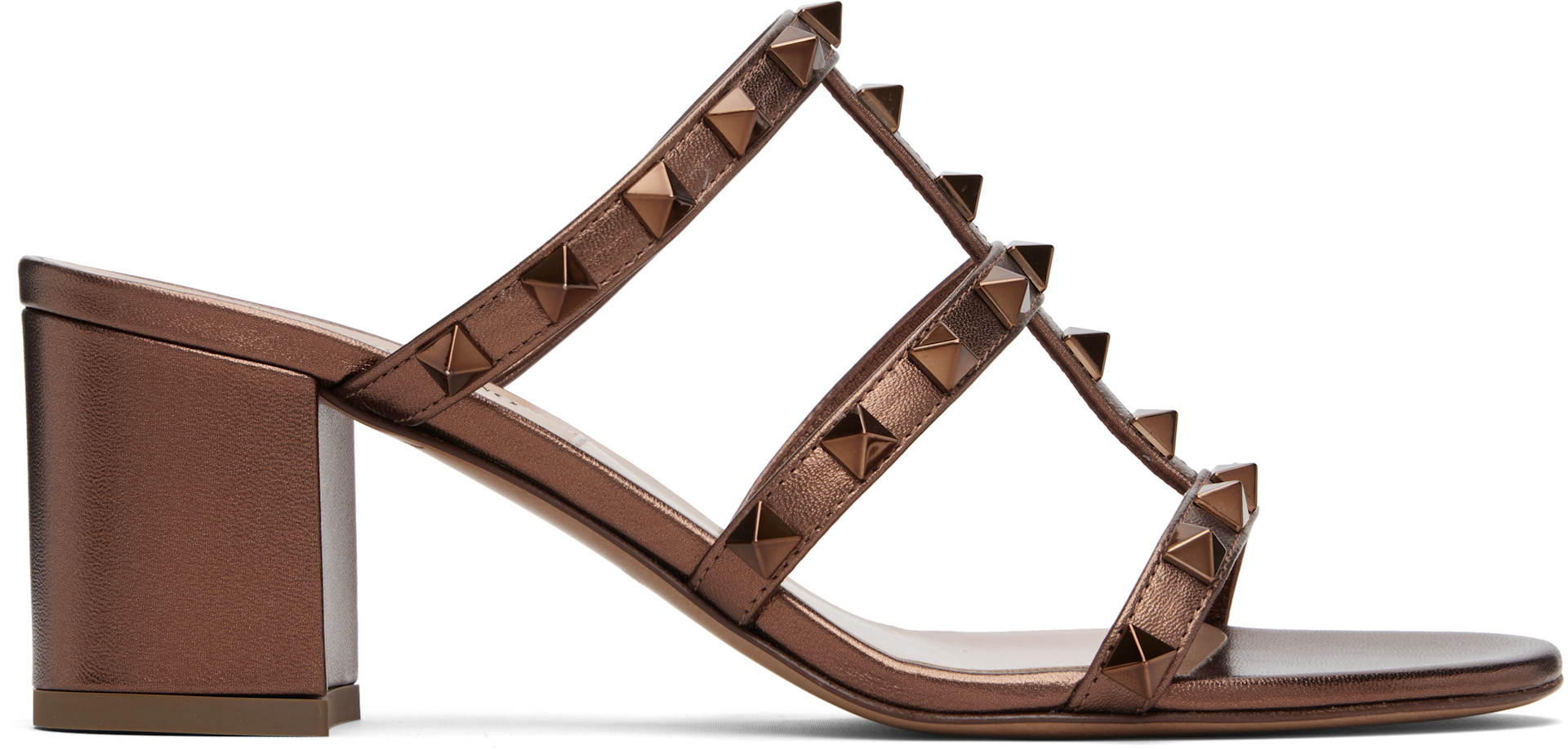 Valentino Garavani: Brown Rockstud Metallic Calfskin Leather Slide