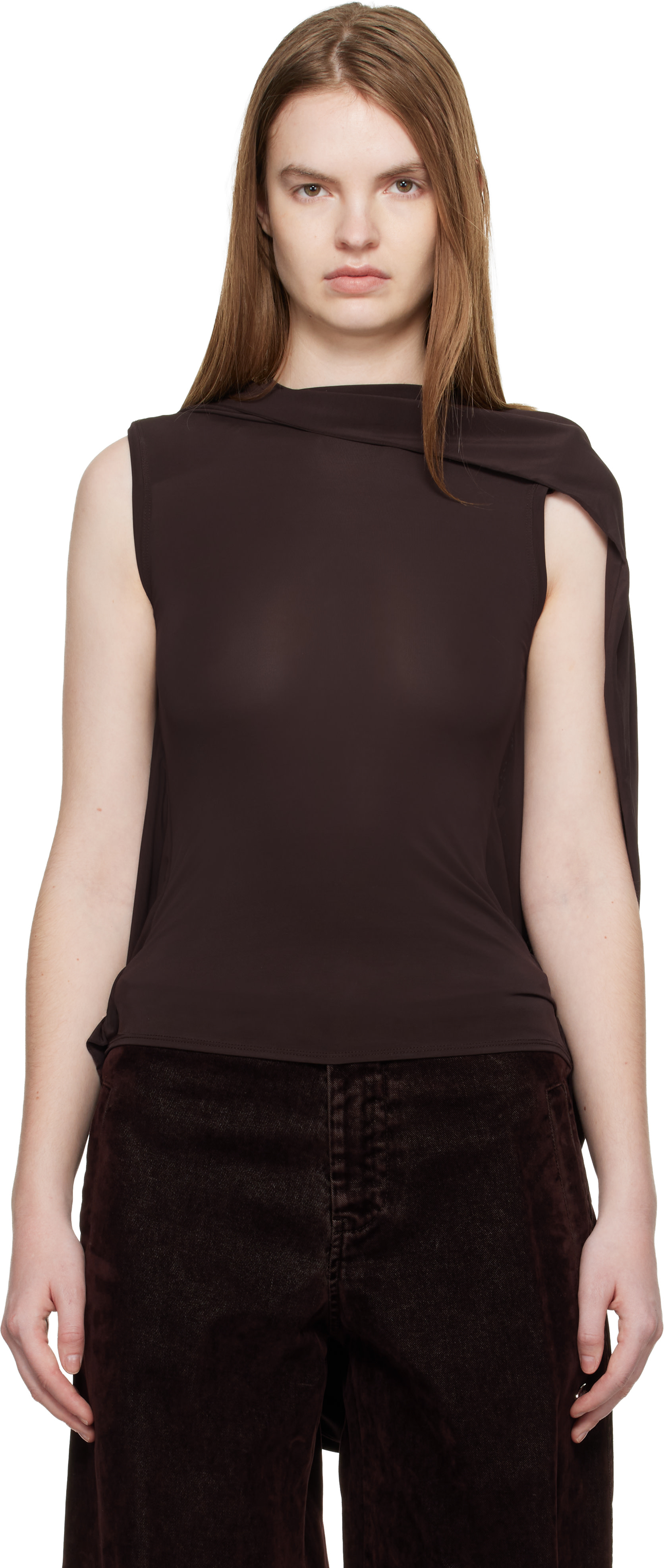 Jean Paul Gaultier ブラック タンクトップ Jean Paul Gaultier: Black & Brown Double Layered Printed Wood Tank