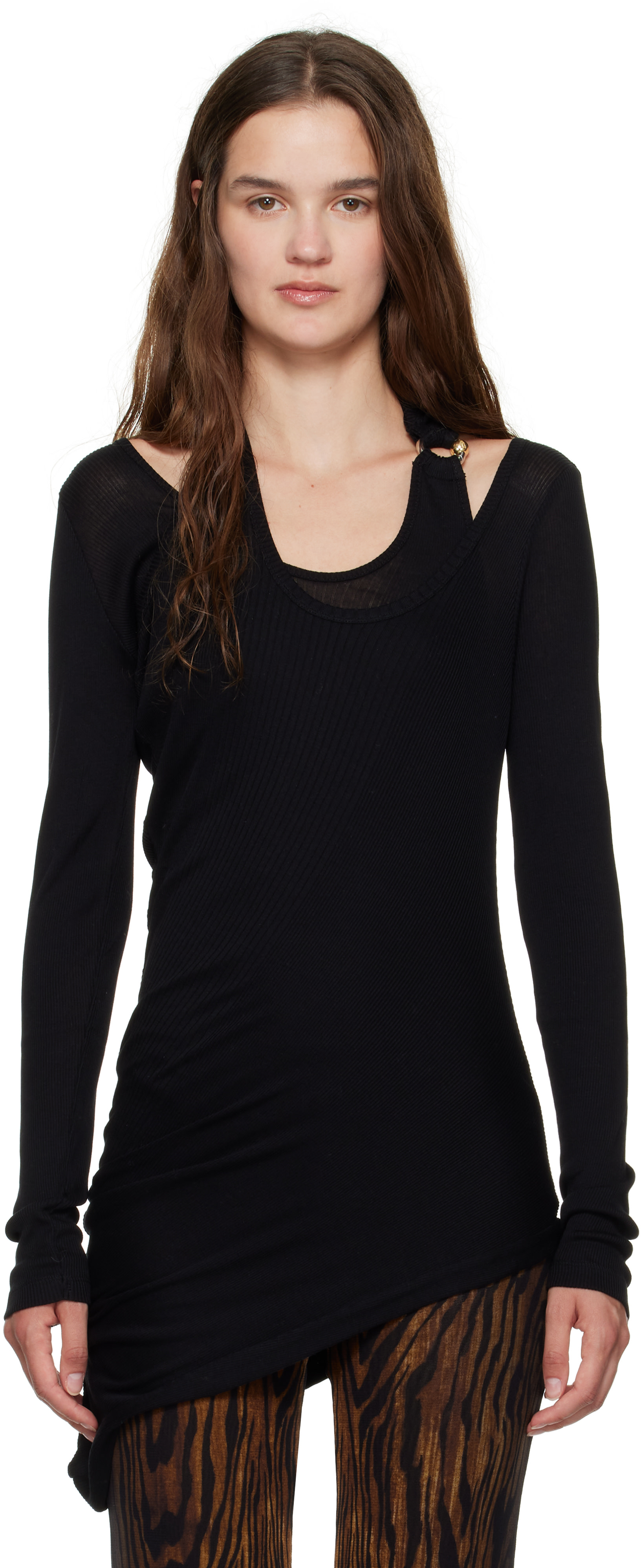 Black Ribbed Twisted Double Layer Piercing T-shirt by Jean Paul