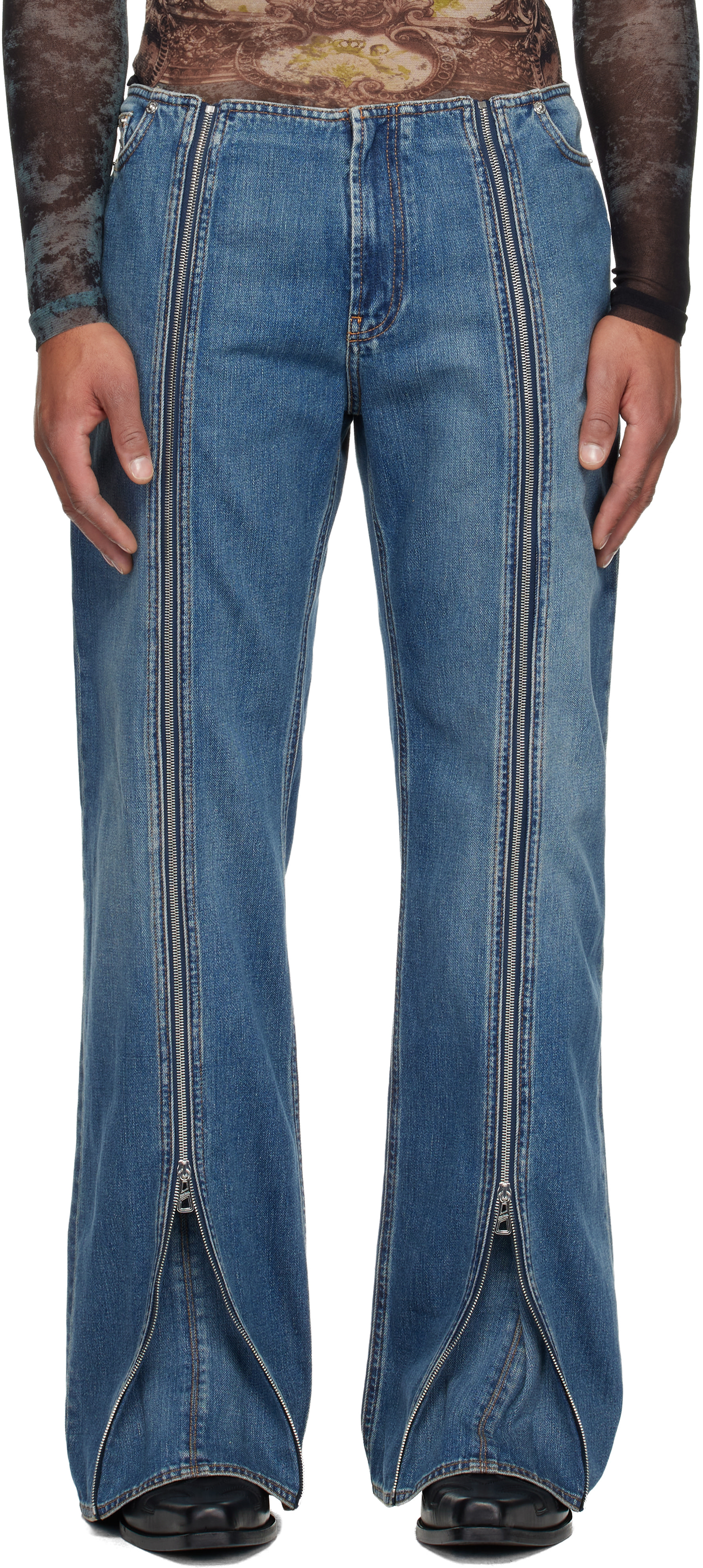 Jean Paul Gaultier　ストレッチデニム サルエル イージーパンツ Jean Paul Gaultier: Blue Zipped Jeans | SSENSE