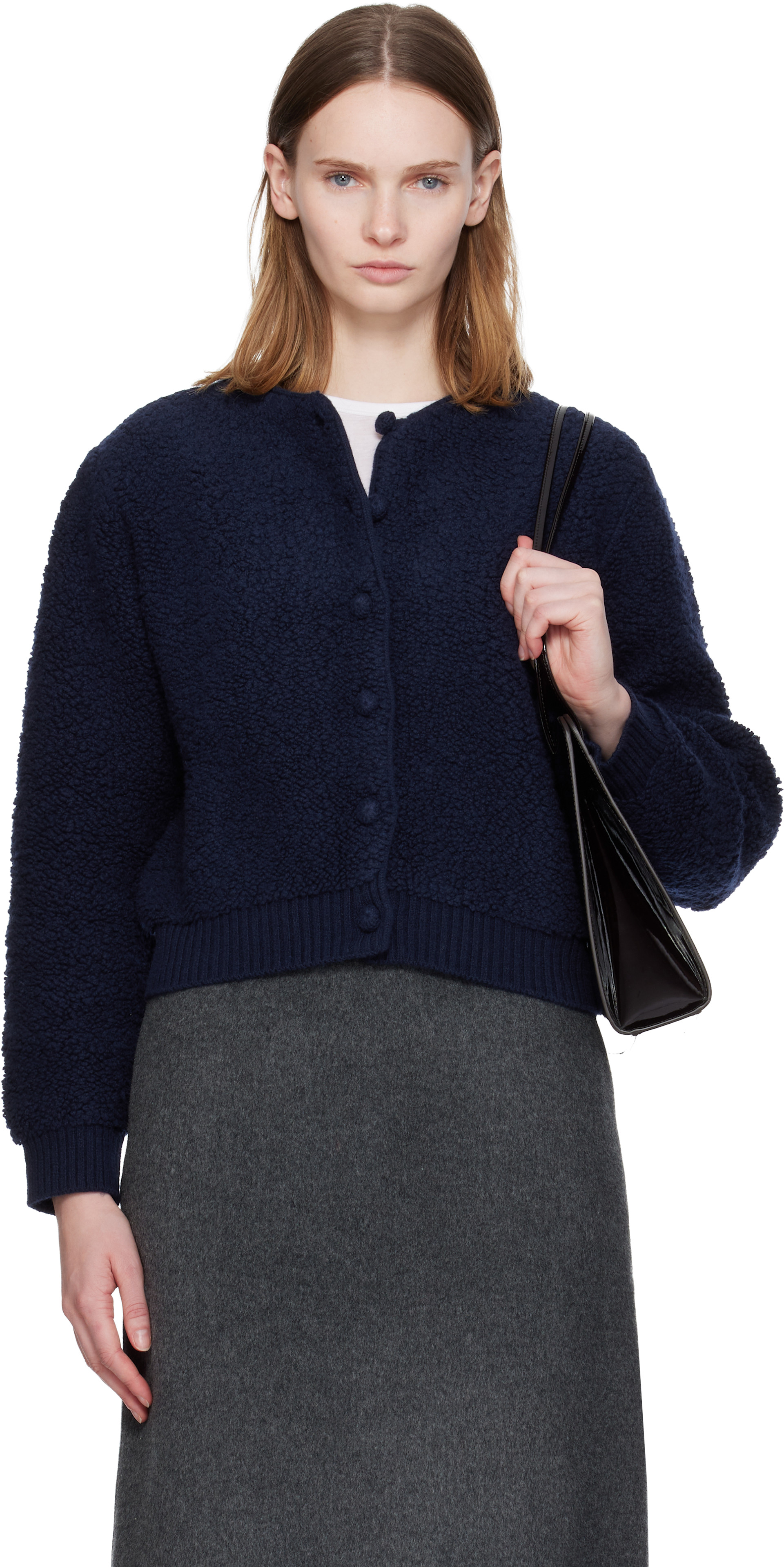 Nothing Written: Navy Lett Boucle Cardigan | SSENSE