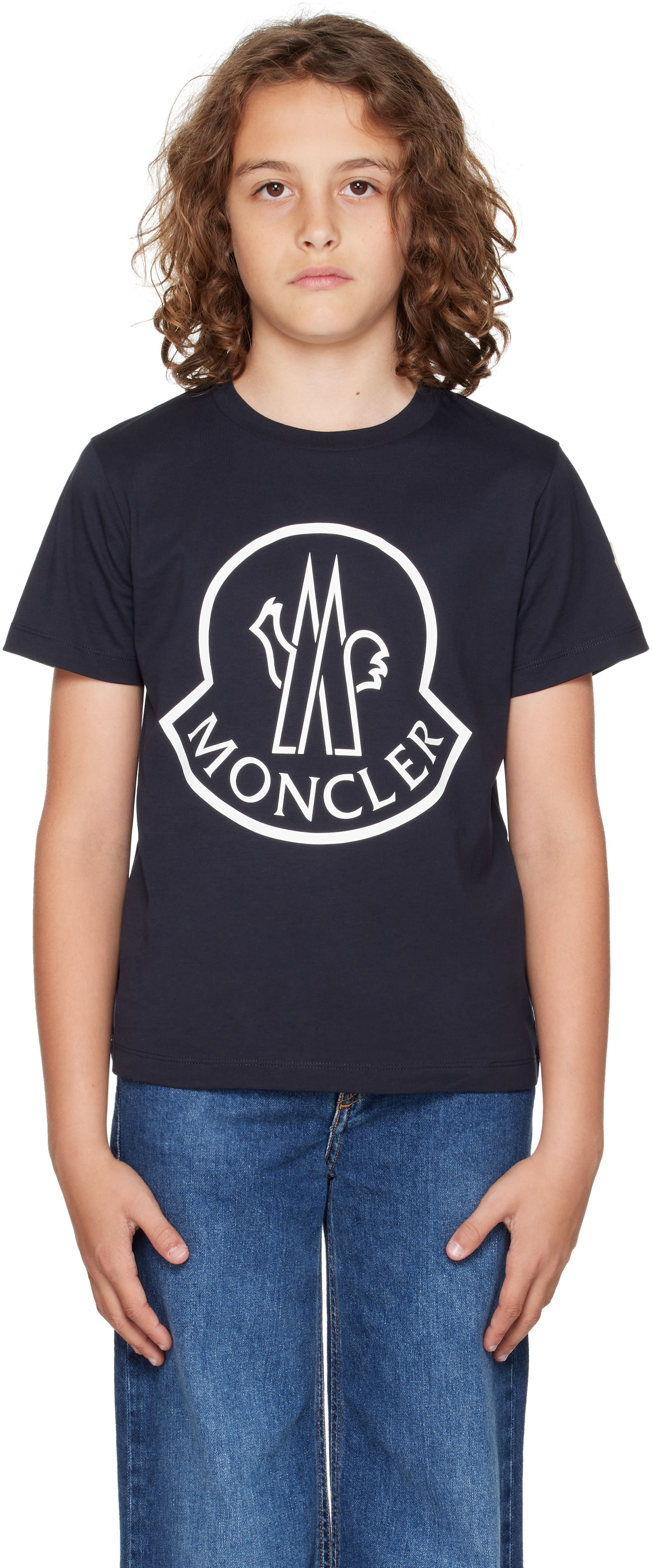 Moncler Enfant: Big Kids Navy Printed Logo Cotton T-shirt | SSENSE
