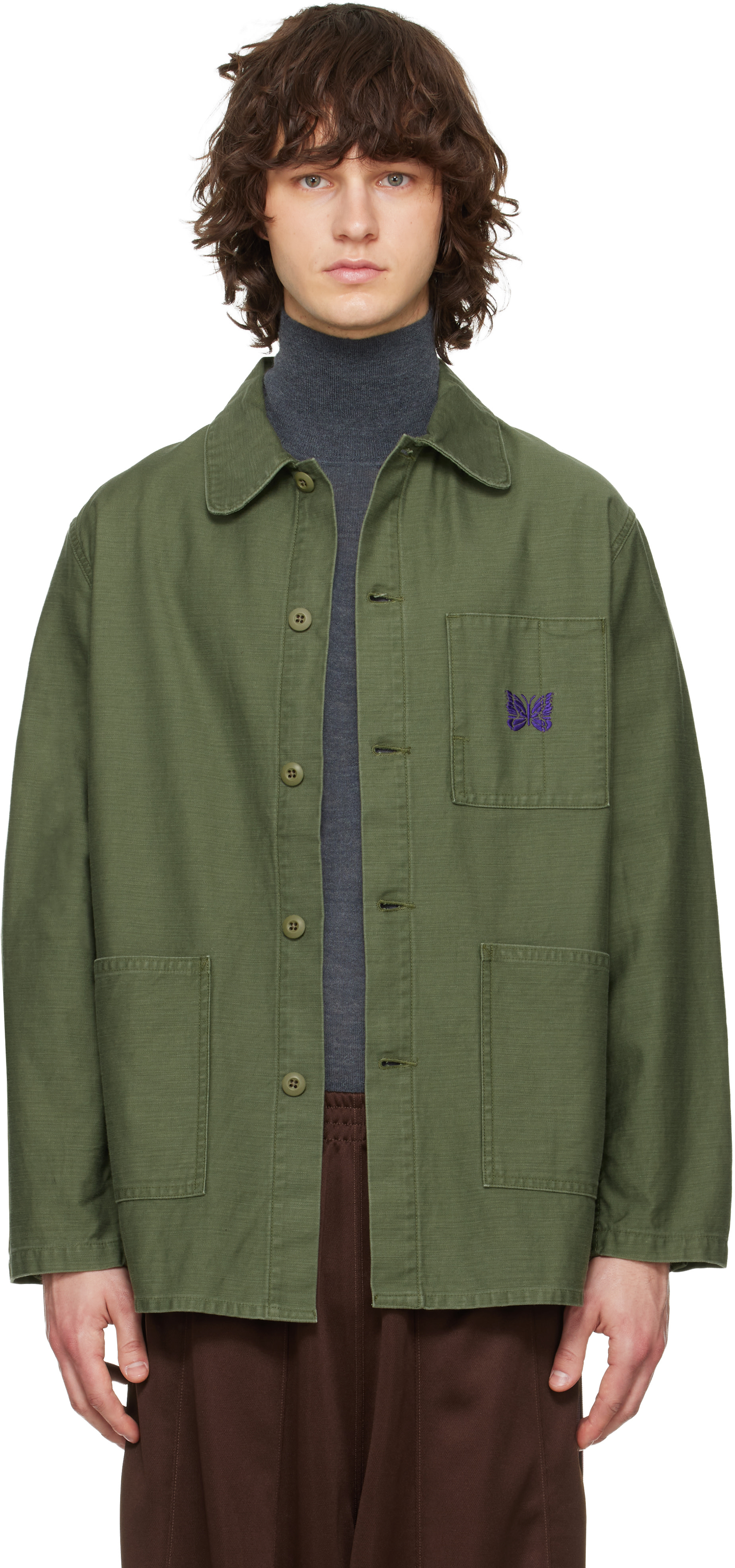NEEDLES COVERALL - REVERSED SATEEN mサイズ NEEDLES: Khaki Coverall Reversed Sateen Shirt | SSENSE