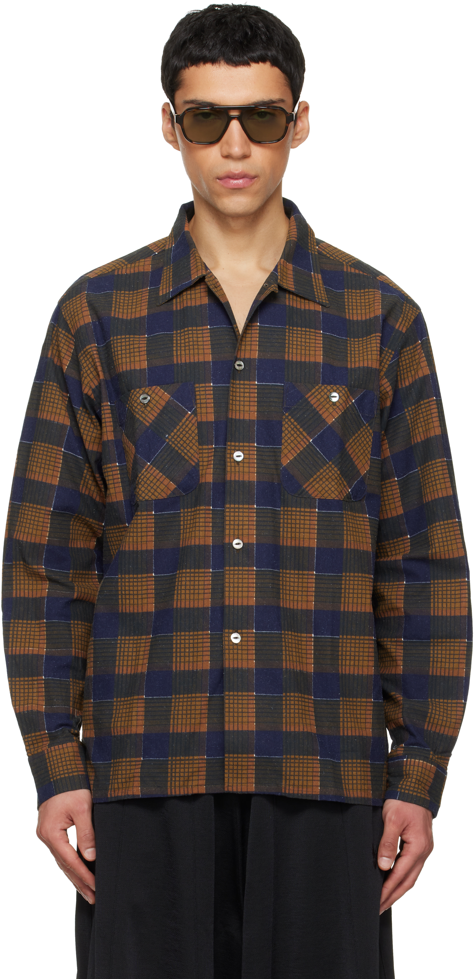 NEEDLES: Brown & Navy One-Up Printed Flannel Shirt | SSENSE