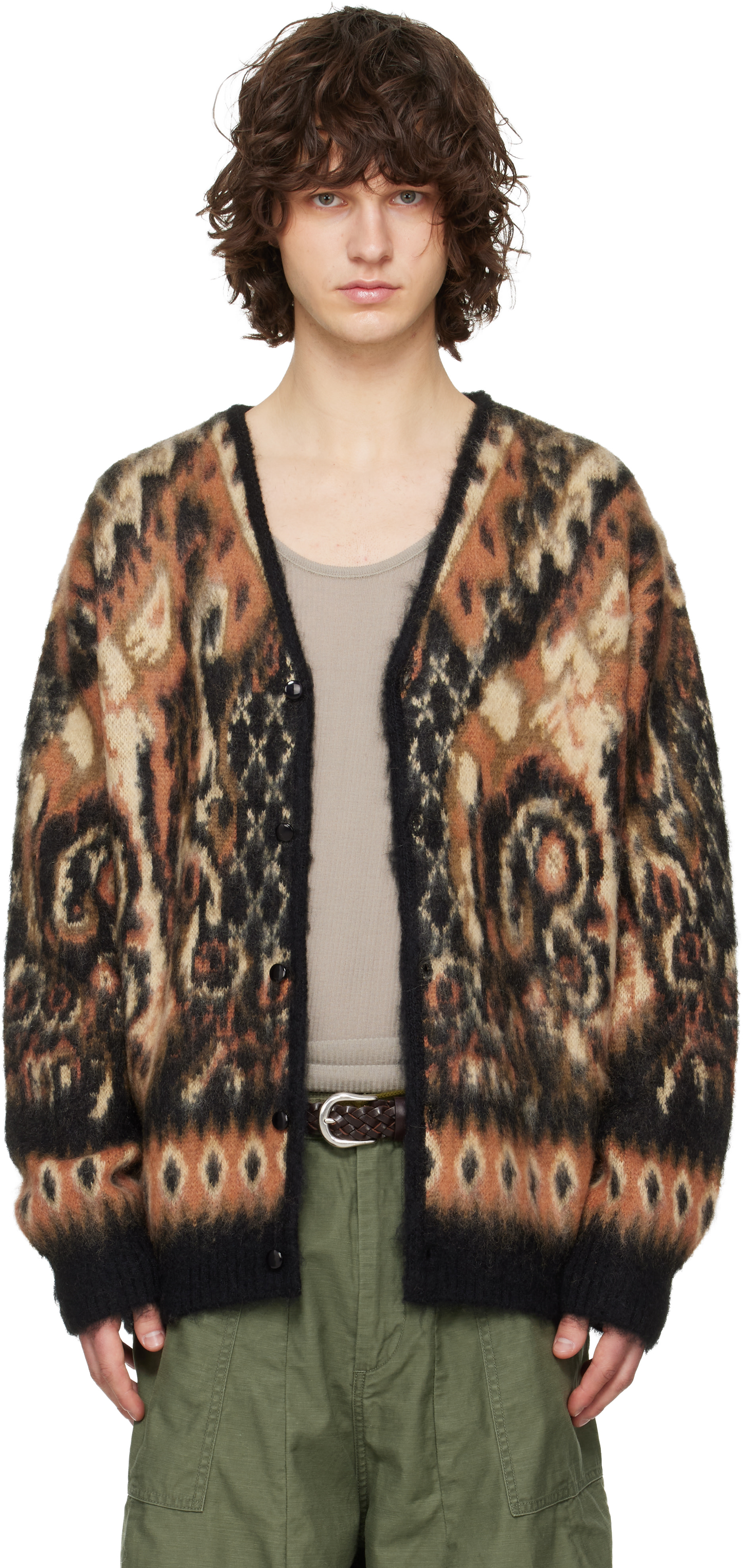 LEONARD シルク混 ペイズリー柄 Vネックカーディガン 黒 42 日本製 Quadro Silky Wool Cardigan | MEN