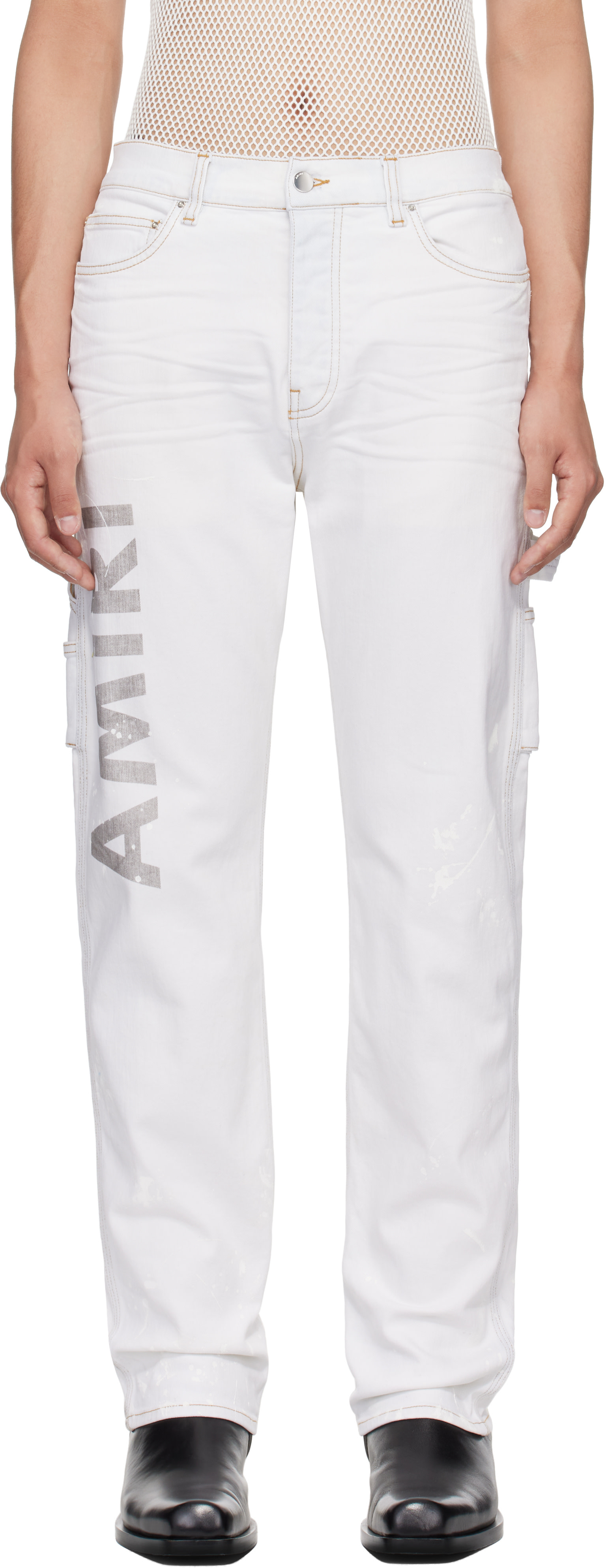 amri ジーンズ AMIRI: Blue Army Logo Painted Slim Workman Jeans | SSENSE