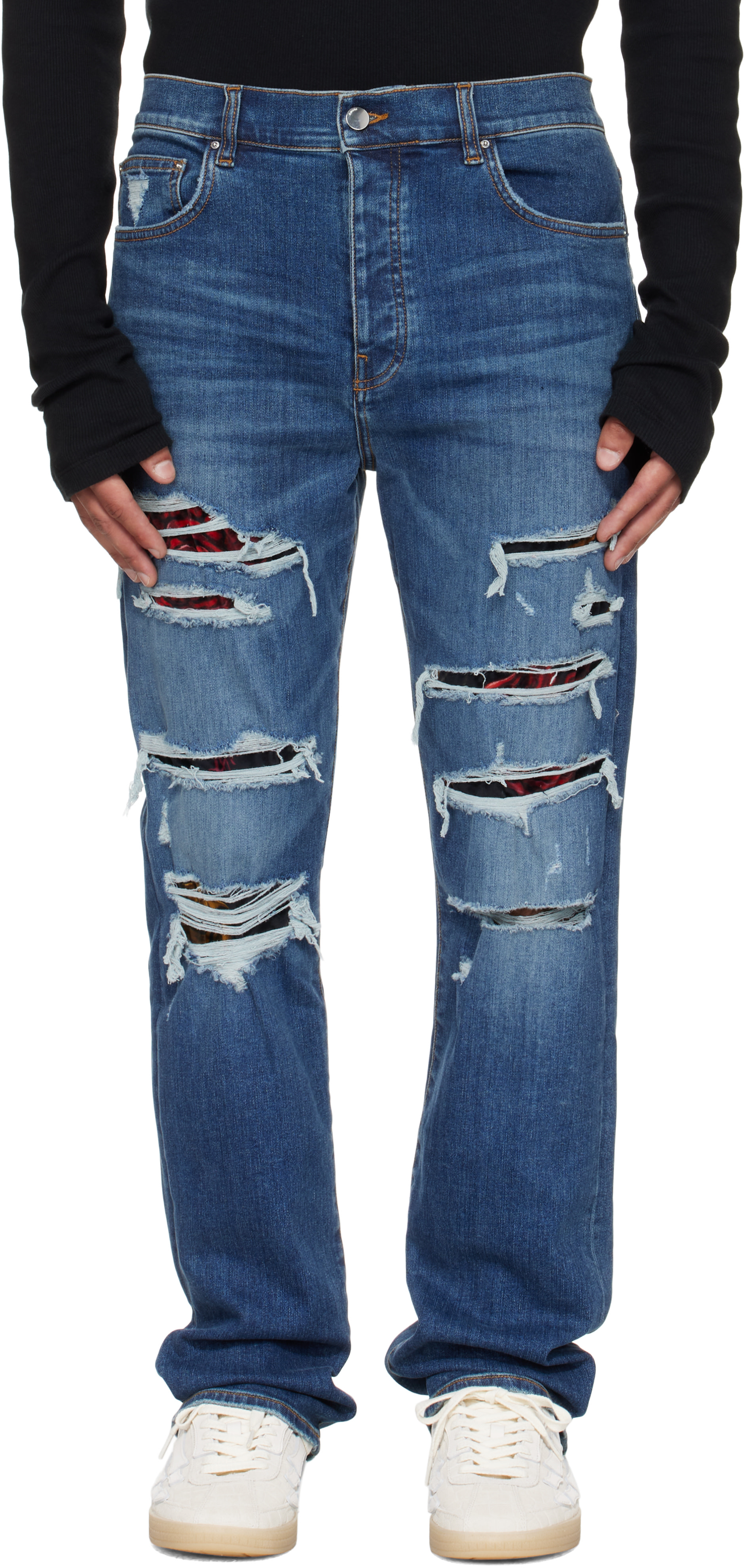 AMIRI: Blue Floral Velvet Slim Thrasher Jeans | SSENSE