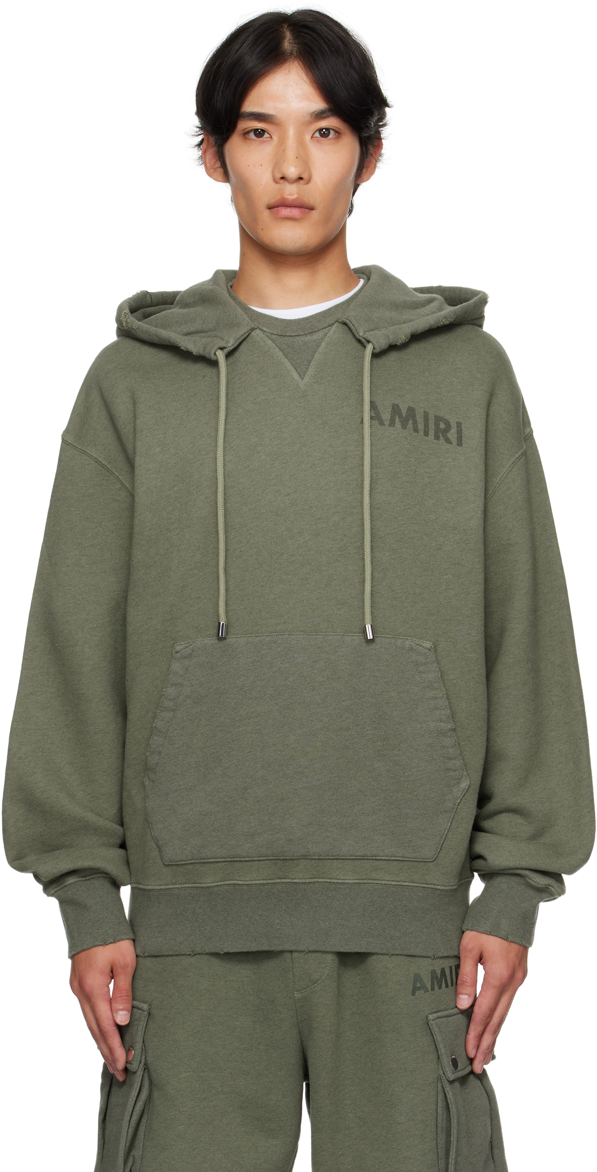【れ】AMIRI ロゴ カーキ フーディ AMIRI: Khaki 'AMIRI' Stencil Oversized Hoodie | SSENSE