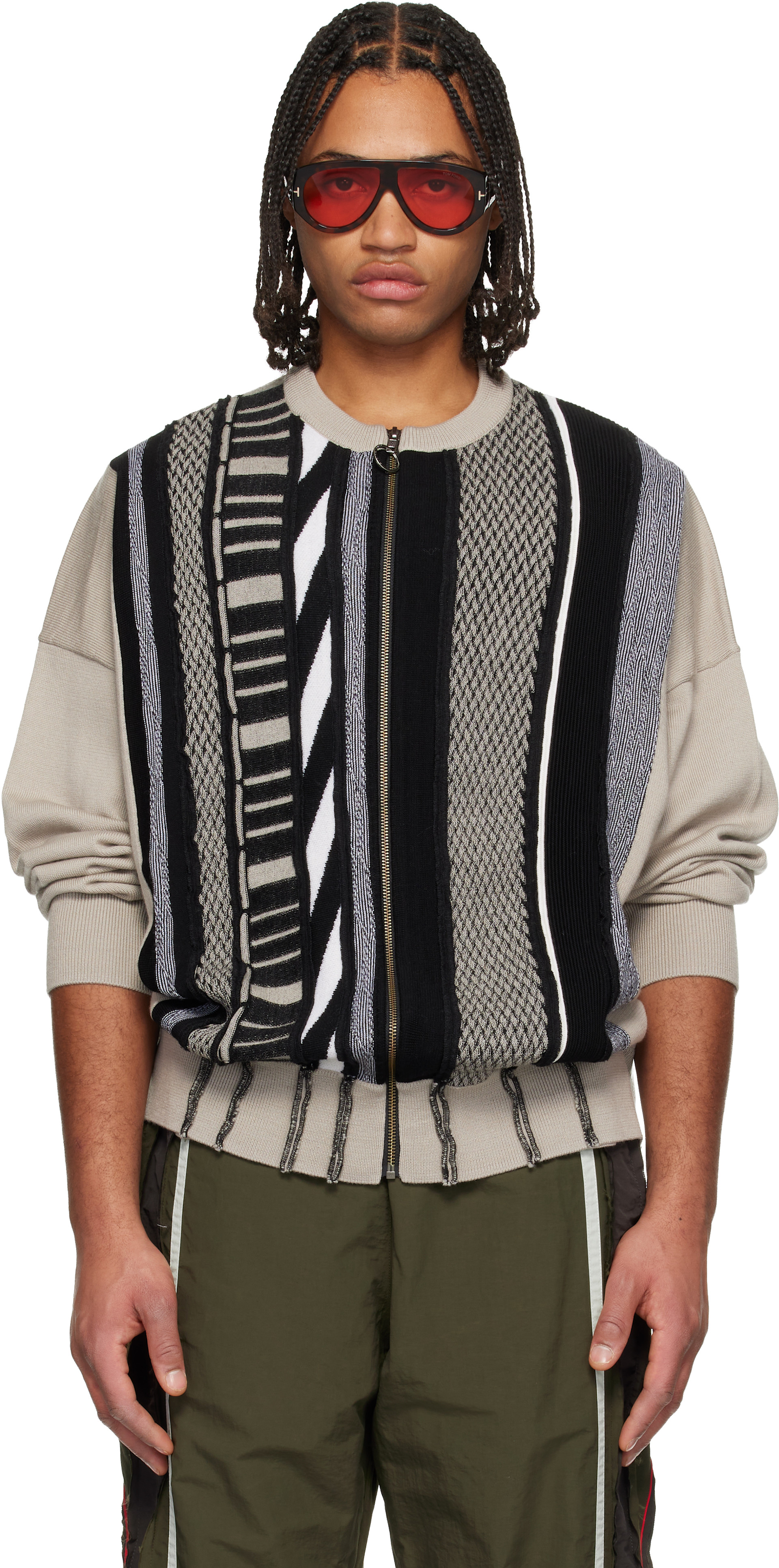 Martine Rose: Beige & Black Multi Stripe Zip Up Crew Sweater | SSENSE