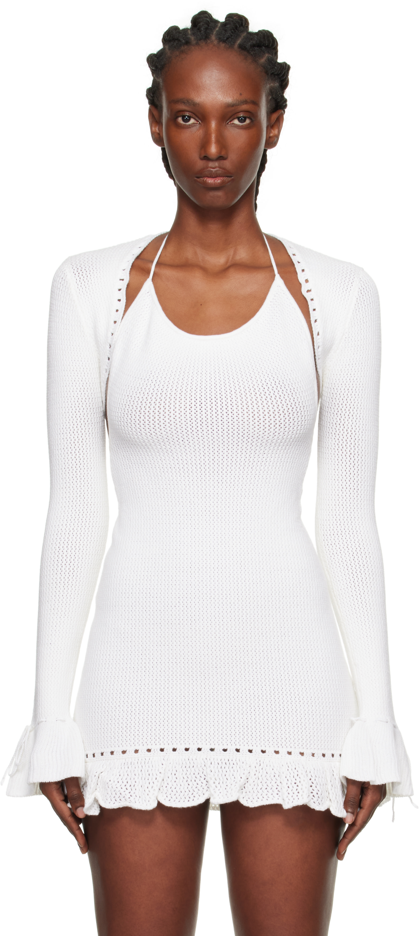 GUIZIO: White Crochet Ruffle Sleeve Bolero Cardigan | SSENSE Canada