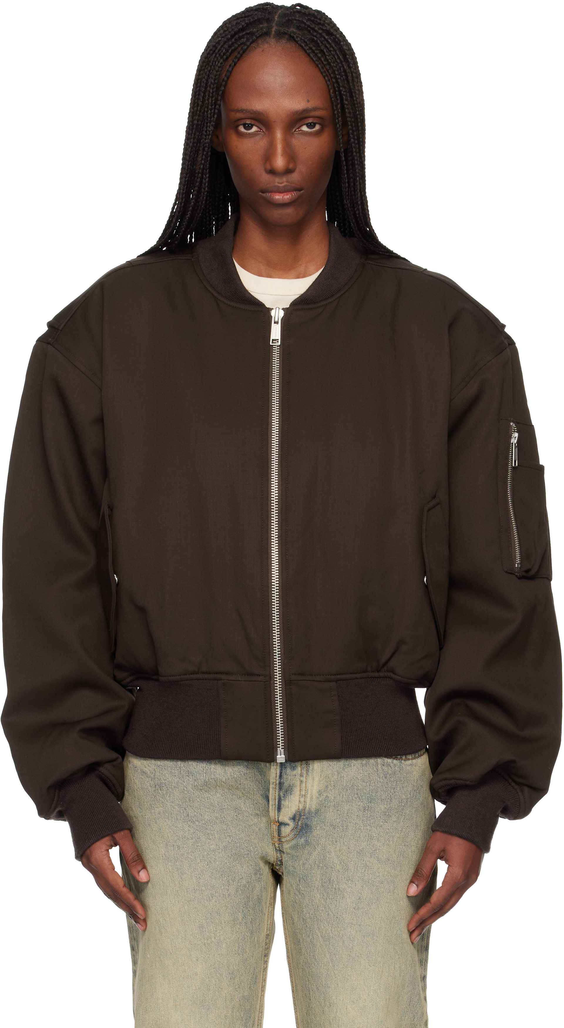 エンタイアスタジオ ENTIRE STUDIOS CROPPED BROAD BOMBER SUITING ブルゾン 衣料品 アウター ウール メンズ ブラウン系 【中古】 Entire Studios: Brown Cropped Broad Suiting Bomber Jacket | SSENSE