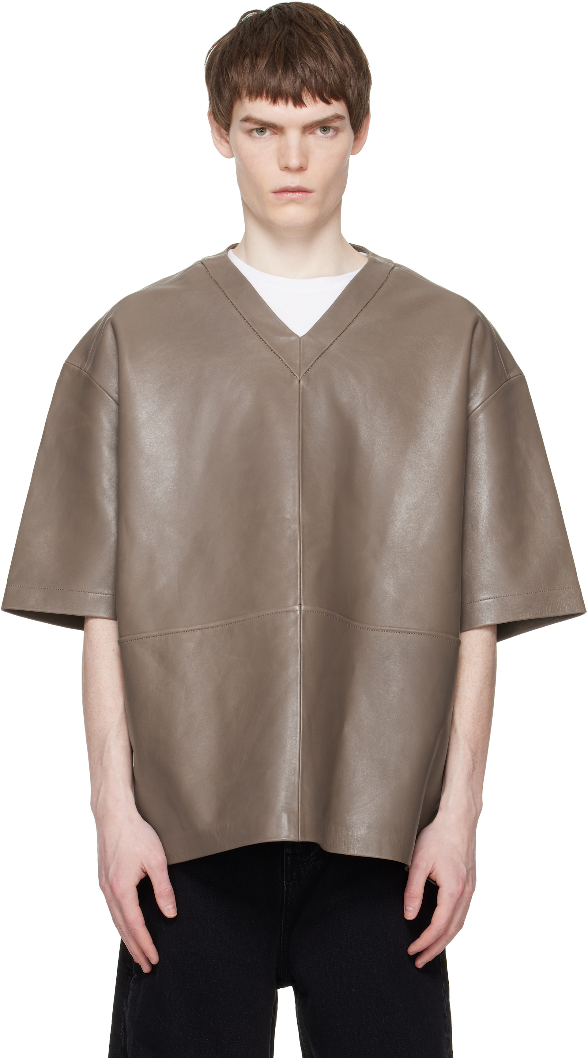 Entire Studios: Taupe V-Neck Leather T-shirt | SSENSE