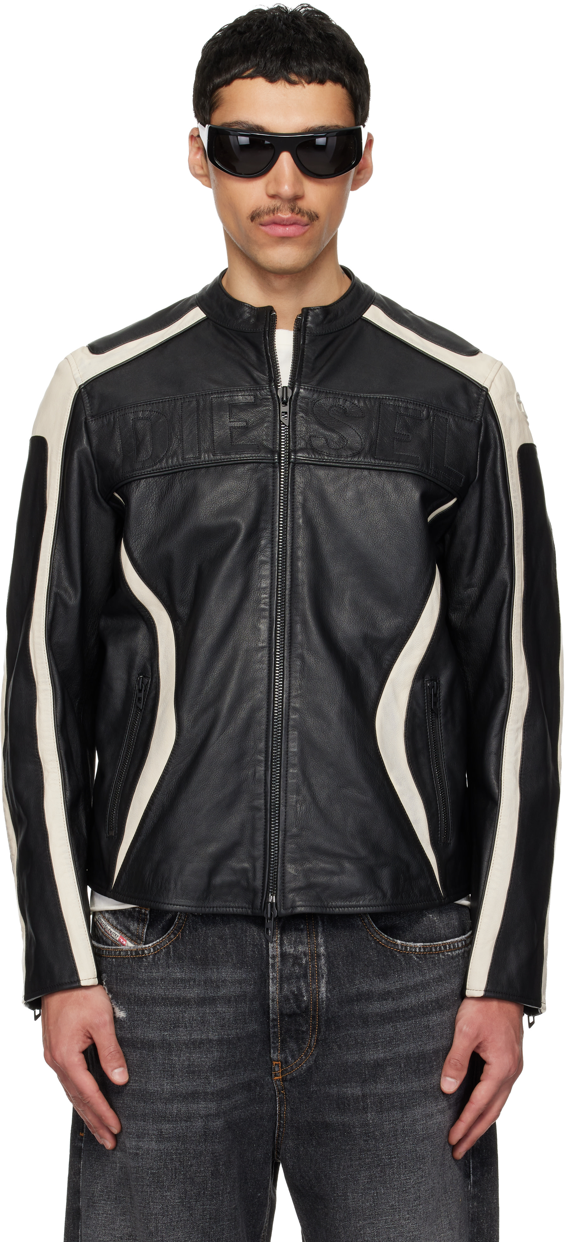 Diesel: Black & Off-White L-Adam Leather Jacket | SSENSE