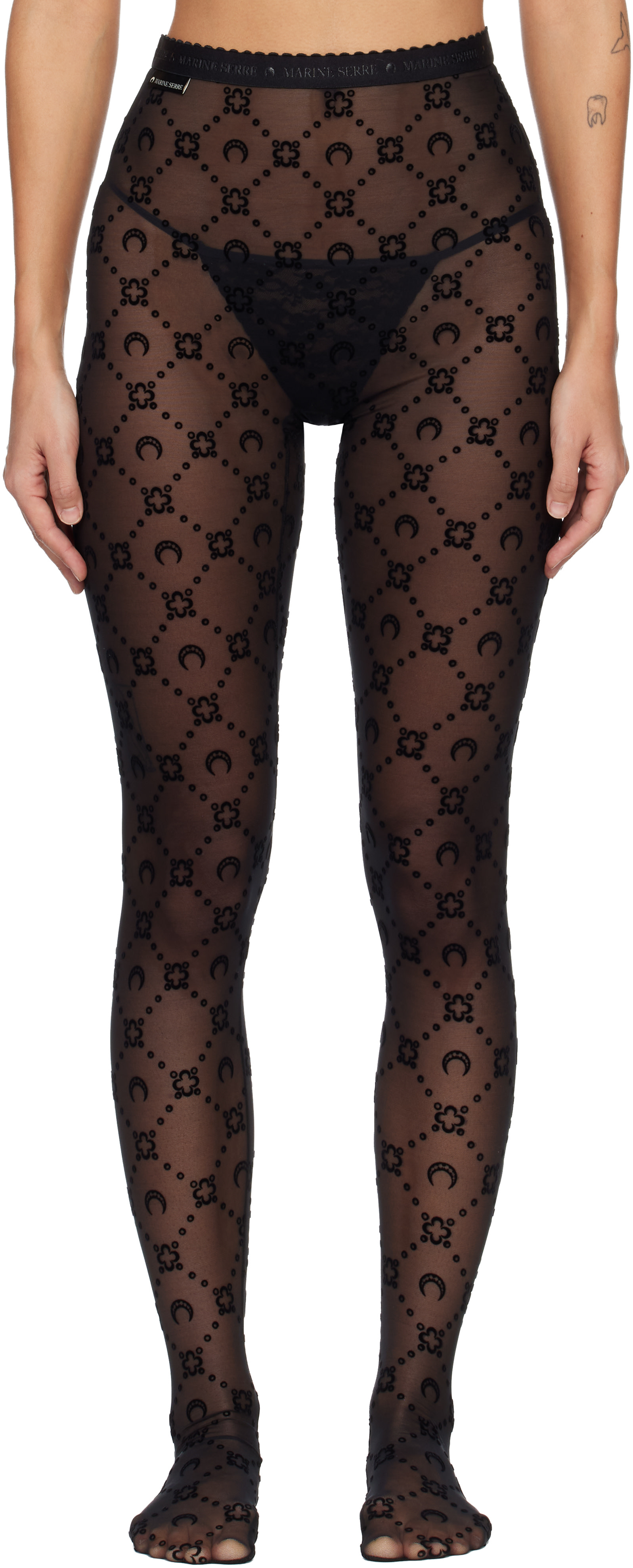 Marine Serre: Black Moonogram Mesh Flock Tights | SSENSE