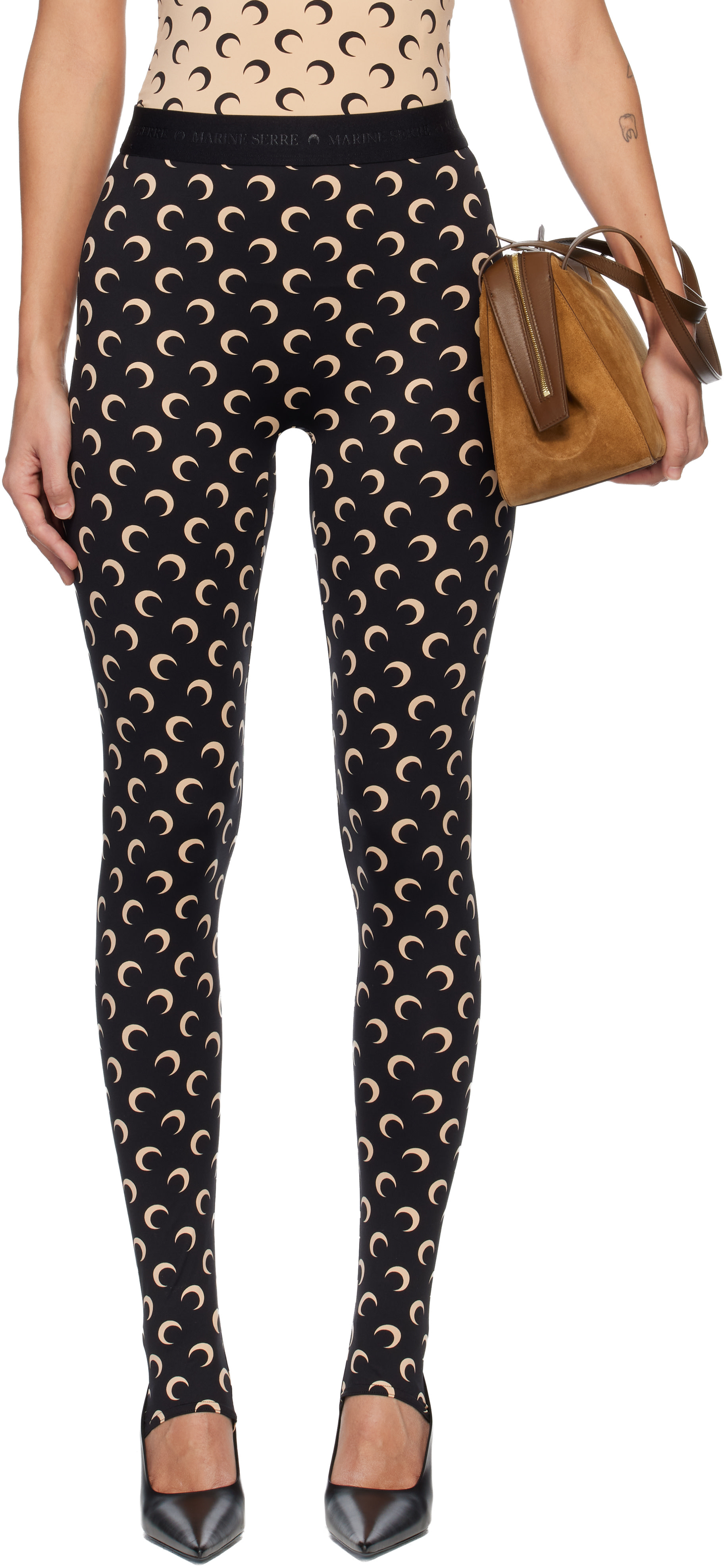 Marine Serre: Black Recycled Moon Jersey Stirrup Leggings | SSENSE