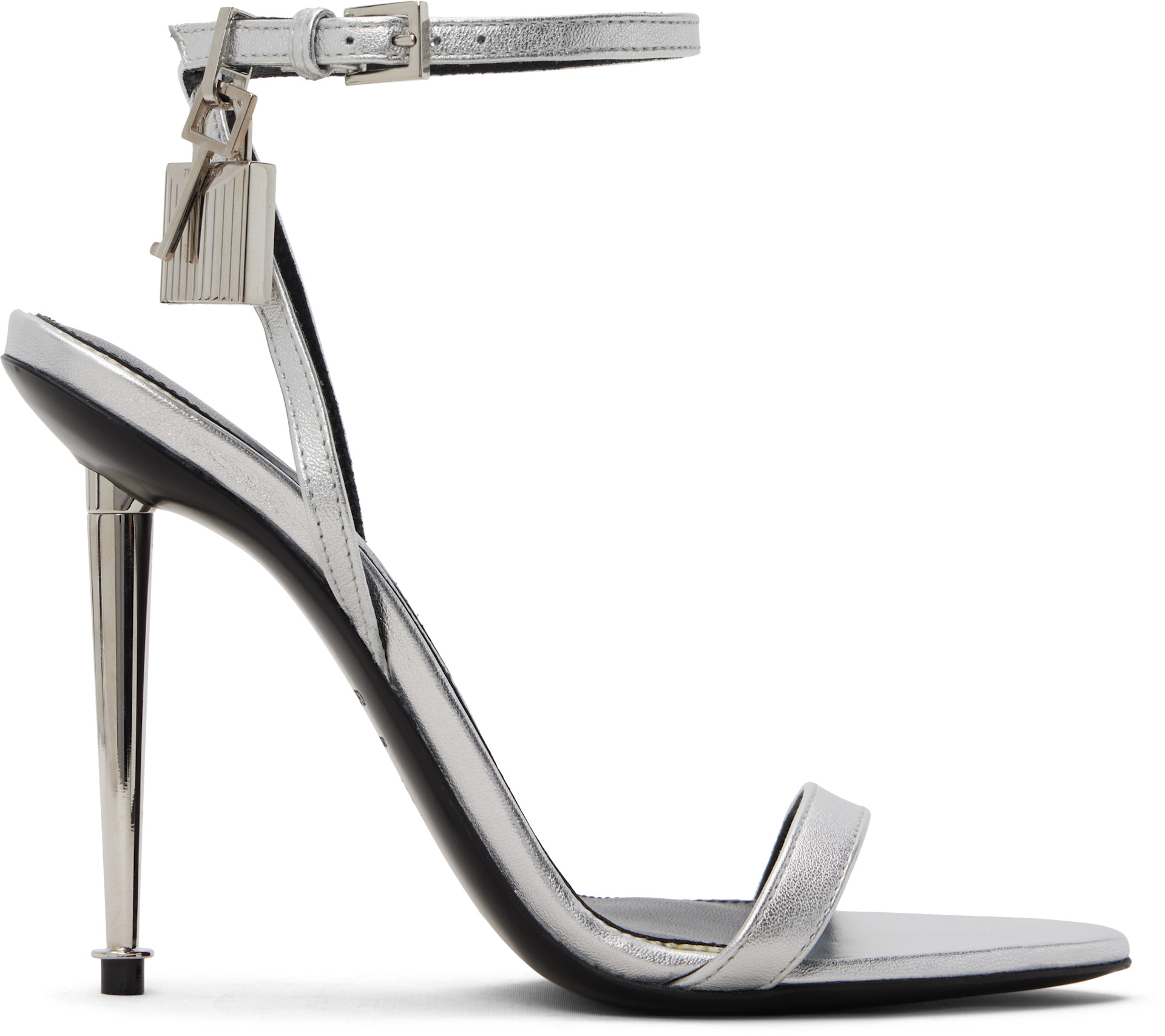 TOM FORD: Silver Nappa Padlock Pointy Naked Heeled Sandals 