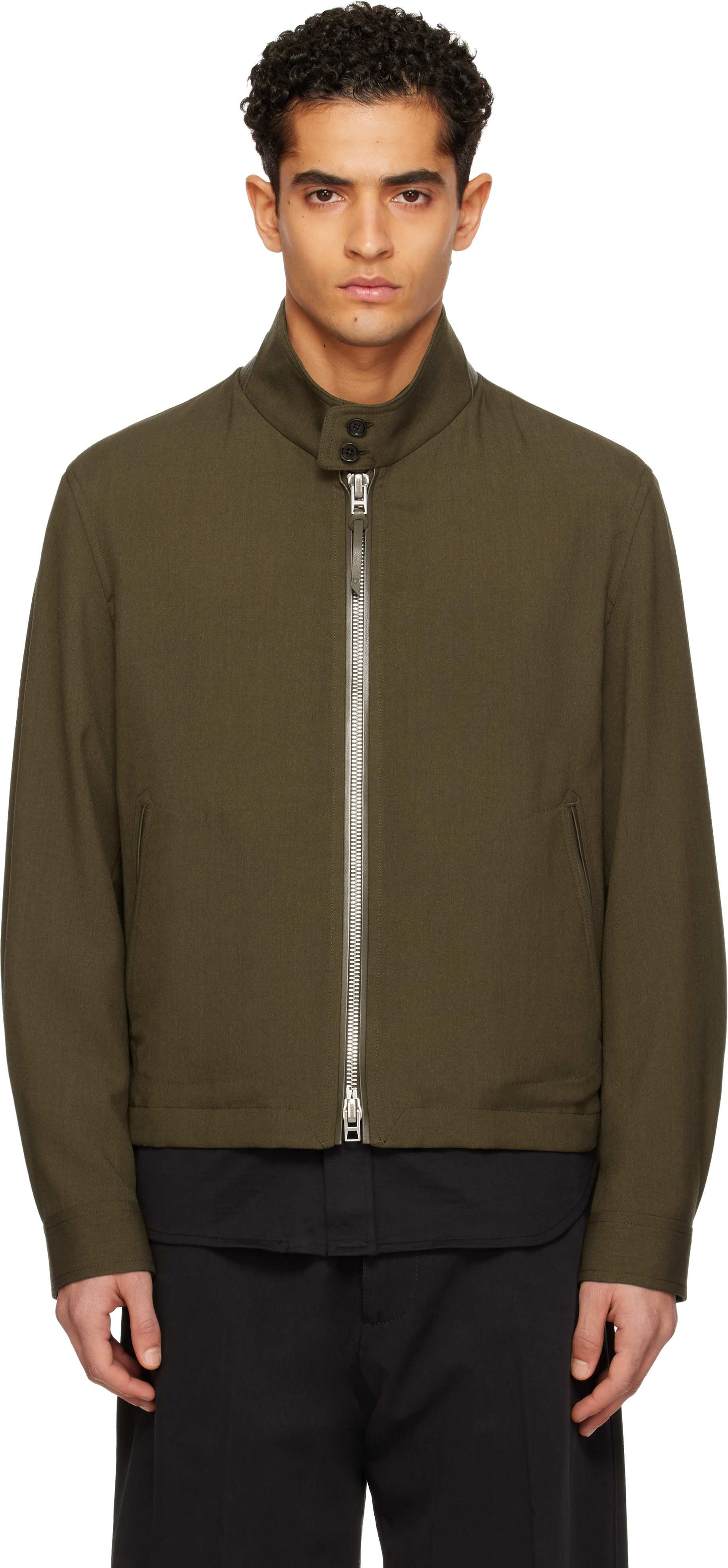 TOM FORD: Khaki Wool Cashmere Silk Reps Harrington Jacket | SSENSE