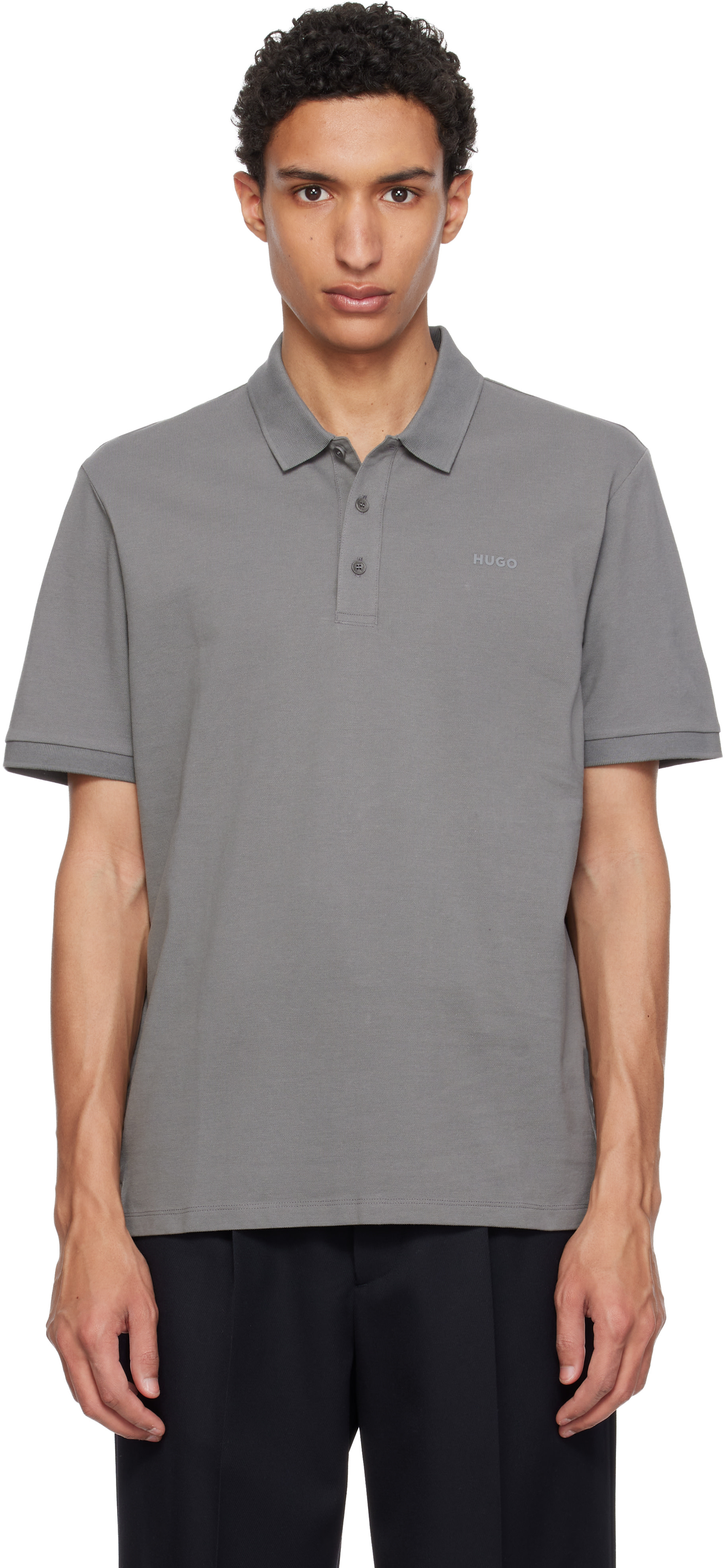 Hugo: Gray Cotton Piqué Logo Polo | SSENSE Canada