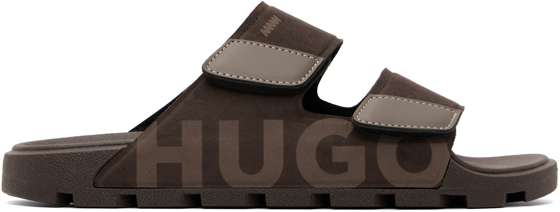 Hugo: Brown Faux-Suede Logo Detailing Sandals | SSENSE