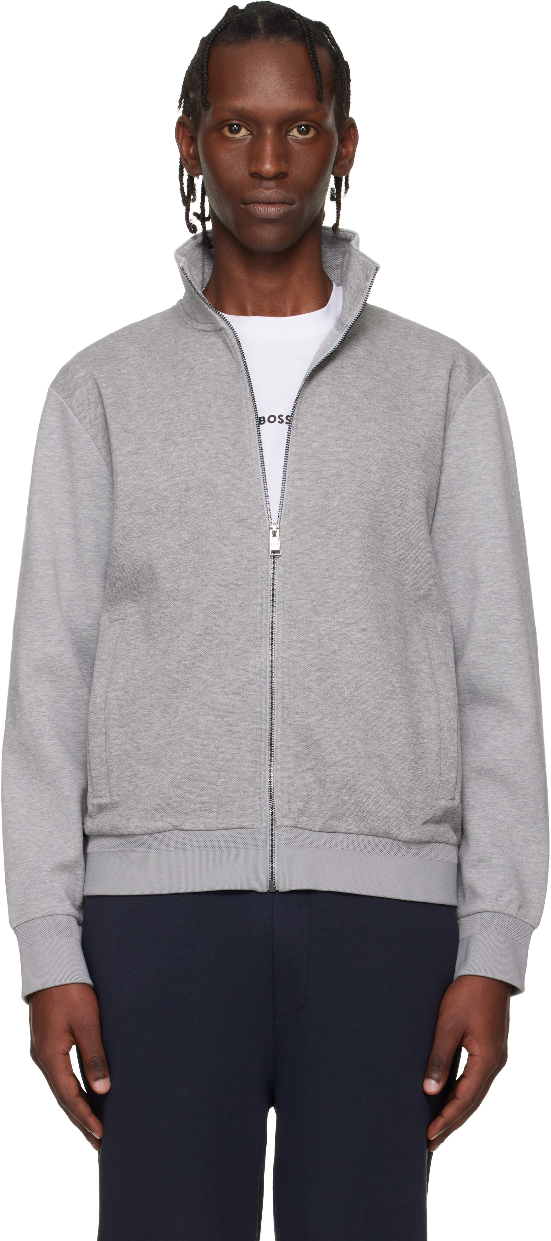 BOSS: Gray Zip-Up Mercerized Stretch-Cotton Piqué Sweatshirt | SSENSE