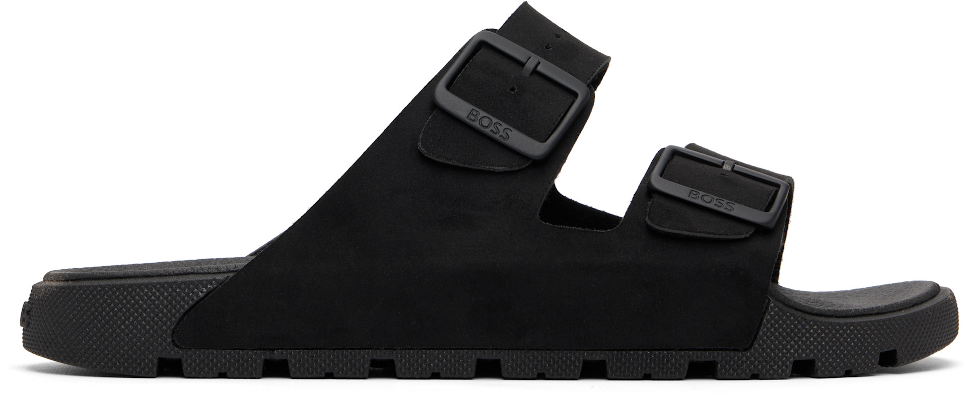 BOSS: Black Twin-Strap Branded Buckle Slides | SSENSE